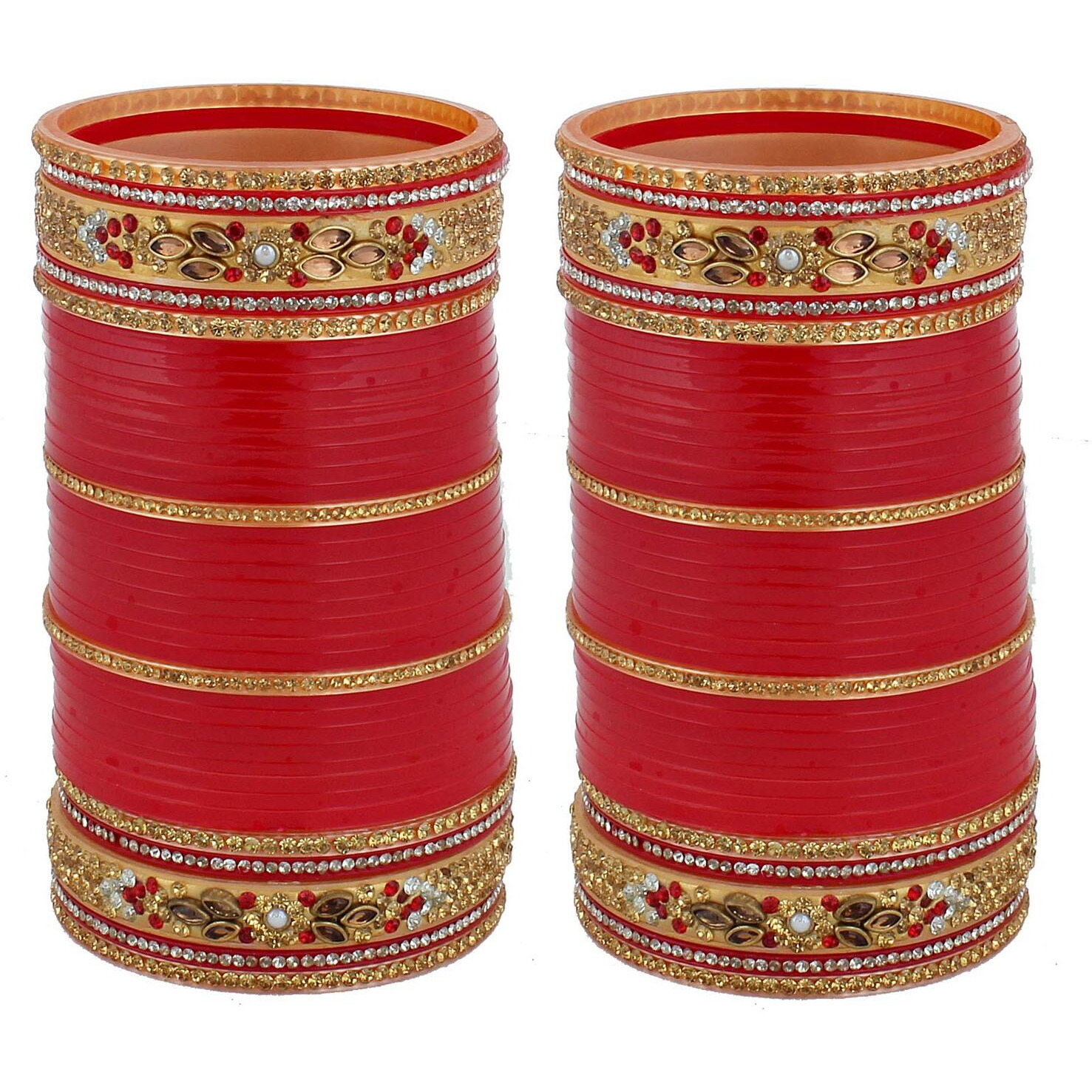 Lucky Jewellery Bridal Bangle Set Wedding punjabi chuda Designer chura Golden White & Red Stone Chura Set for Women(594-G1C1-JM251-R28)