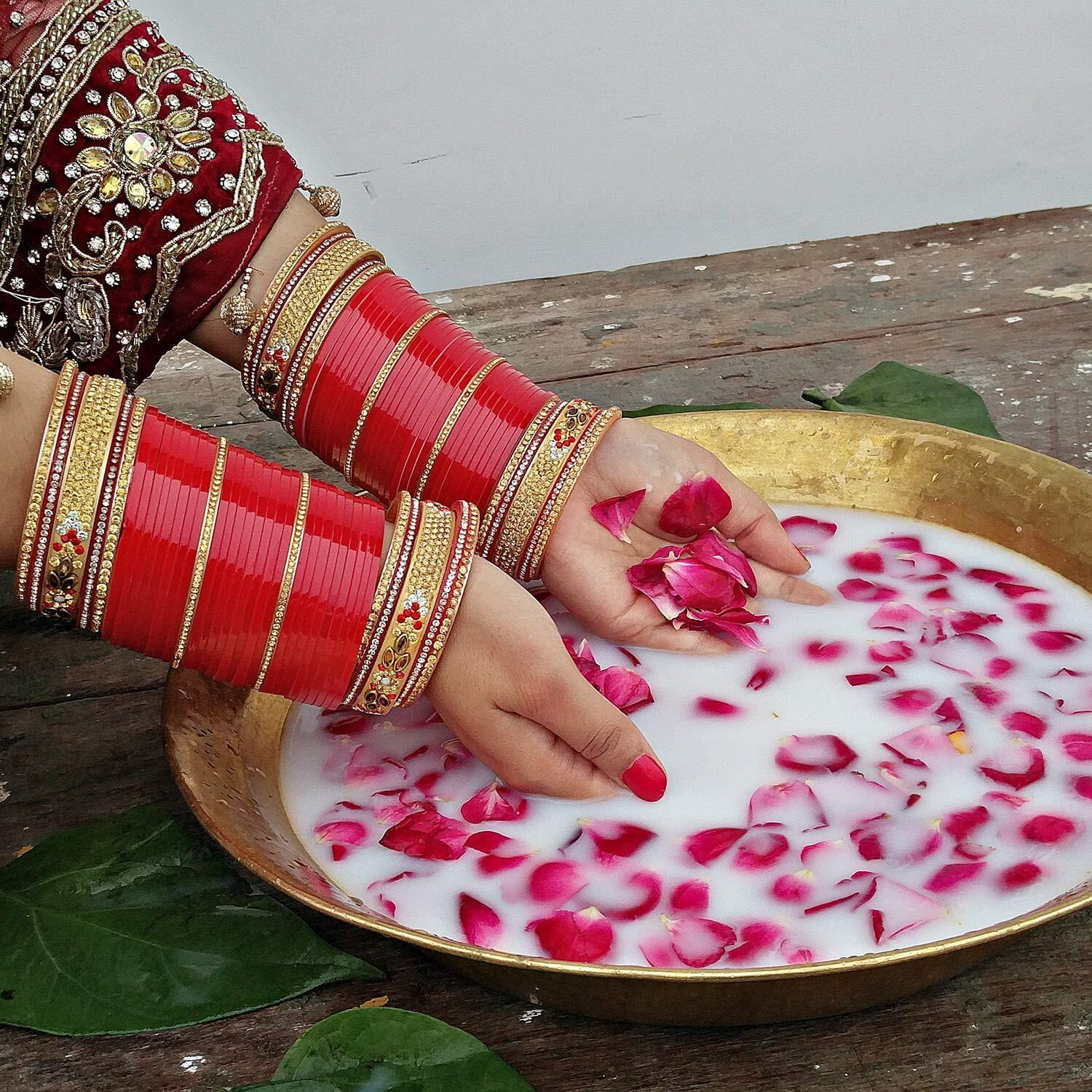Lucky Jewellery Bridal Bangle Set Wedding punjabi chuda Designer chura Golden White & Red Stone Chura Set for Women(594-G1C1-JM251-R28)