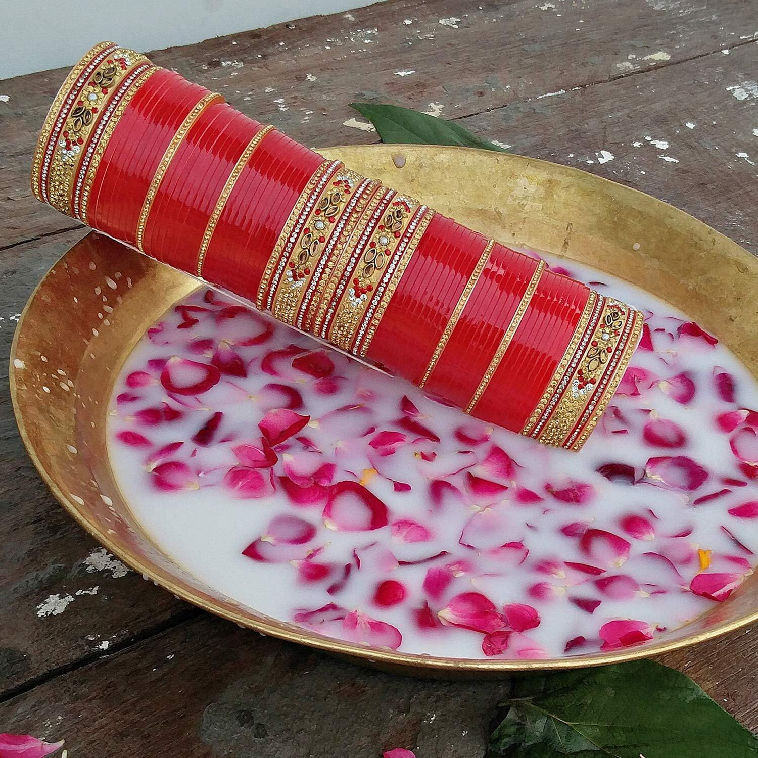 Lucky Jewellery Bridal Bangle Set Wedding punjabi chuda Designer chura Golden White & Red Stone Chura Set for Women(594-G1C1-JM251-R28)