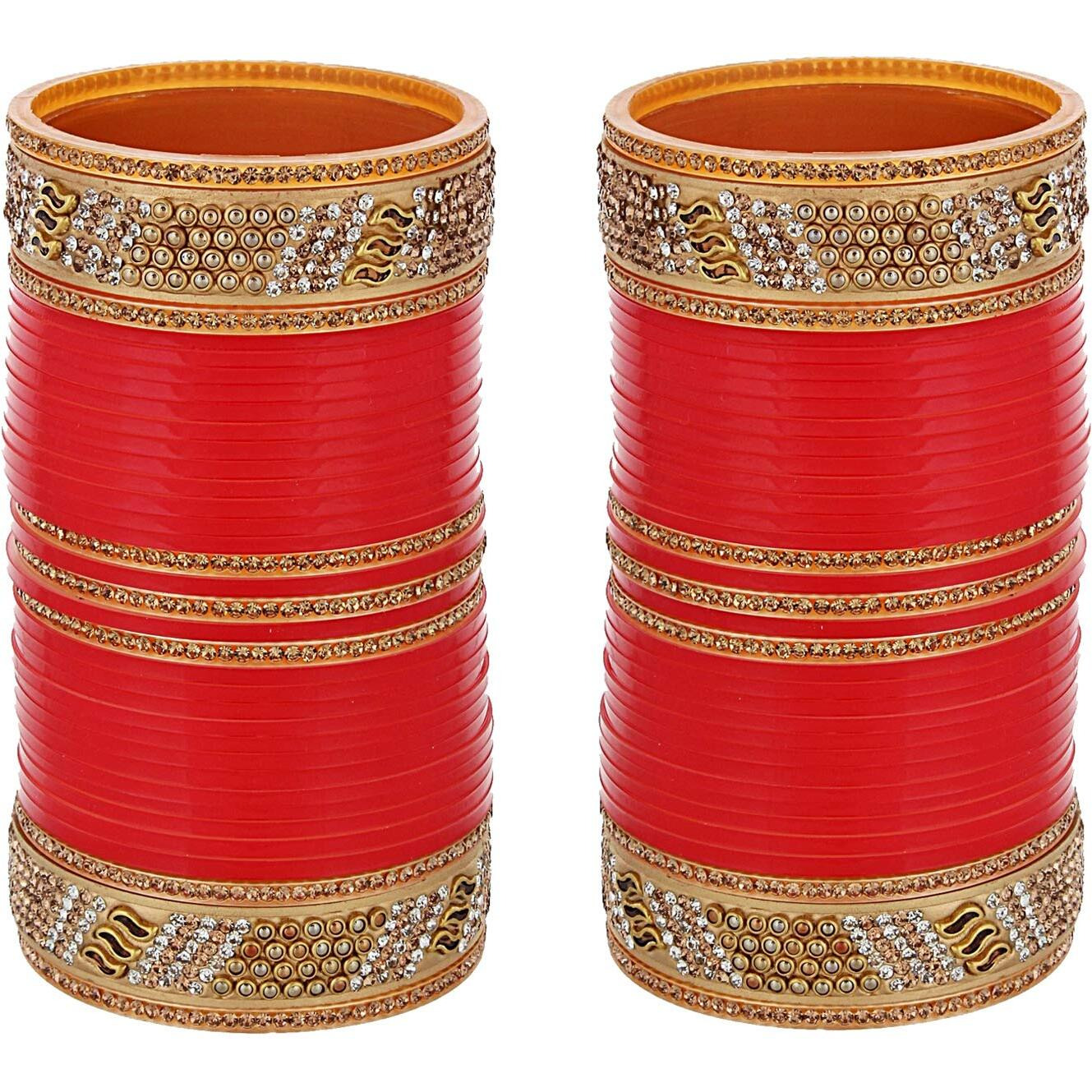 Lucky Jewellery Bridal Bangle Set Red Designer Chura Wedding Punjabi Choora Fashion Jewellery Chuda Set (825-G1C1-K702-R28)