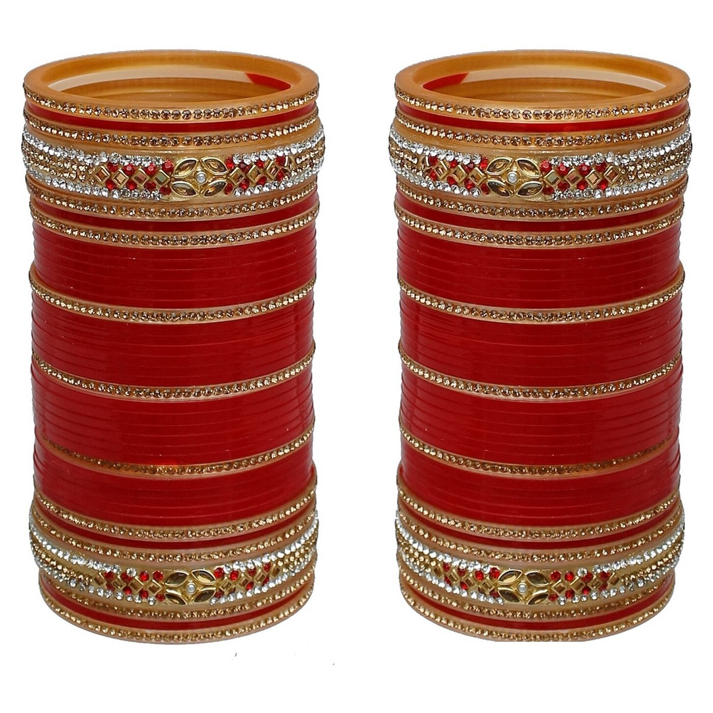 Lucky Jewellery Bridal Bangle Set Golden & White Stone Red Color Chura Designer choora Punjabi Wedding Chuda Set for Women (908-M1C1-BHUMI-R22)