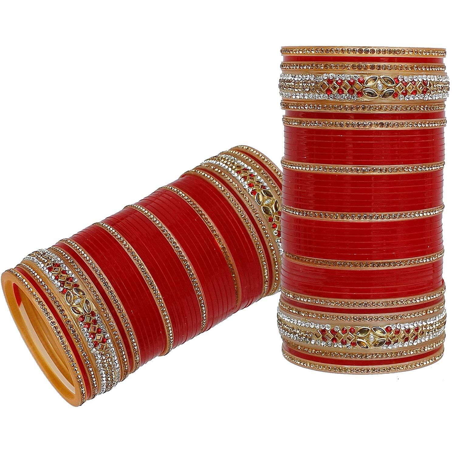 Lucky Jewellery Bridal Bangle Set Golden & White Stone Red Color Chura Designer choora Punjabi Wedding Chuda Set for Women (908-M1C1-BHUMI-R22)