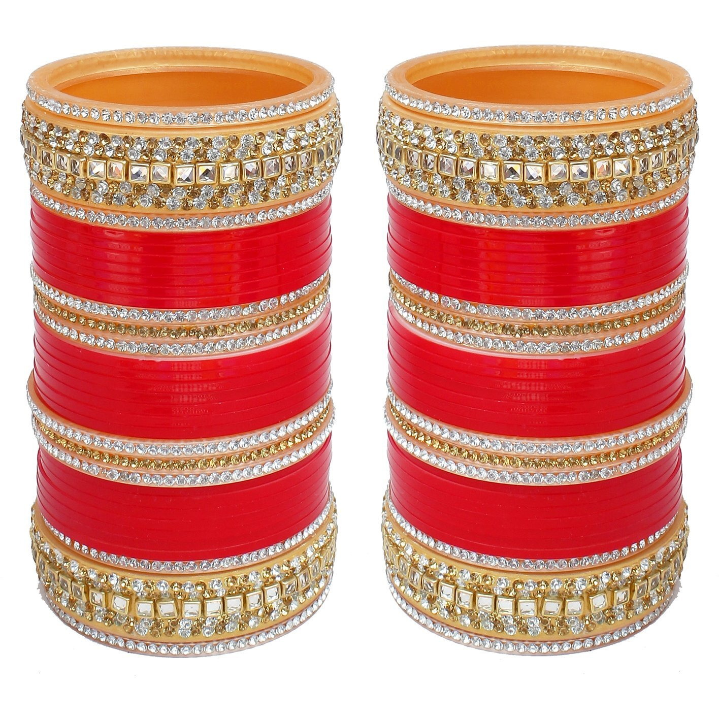 Lucky Jewellery Bridal Bangle Set Designer Golden White & Red Stone Chuda, Wedding punjabi Choora Fashion Chura Set for Women (957-G1C1-JM311-R24)