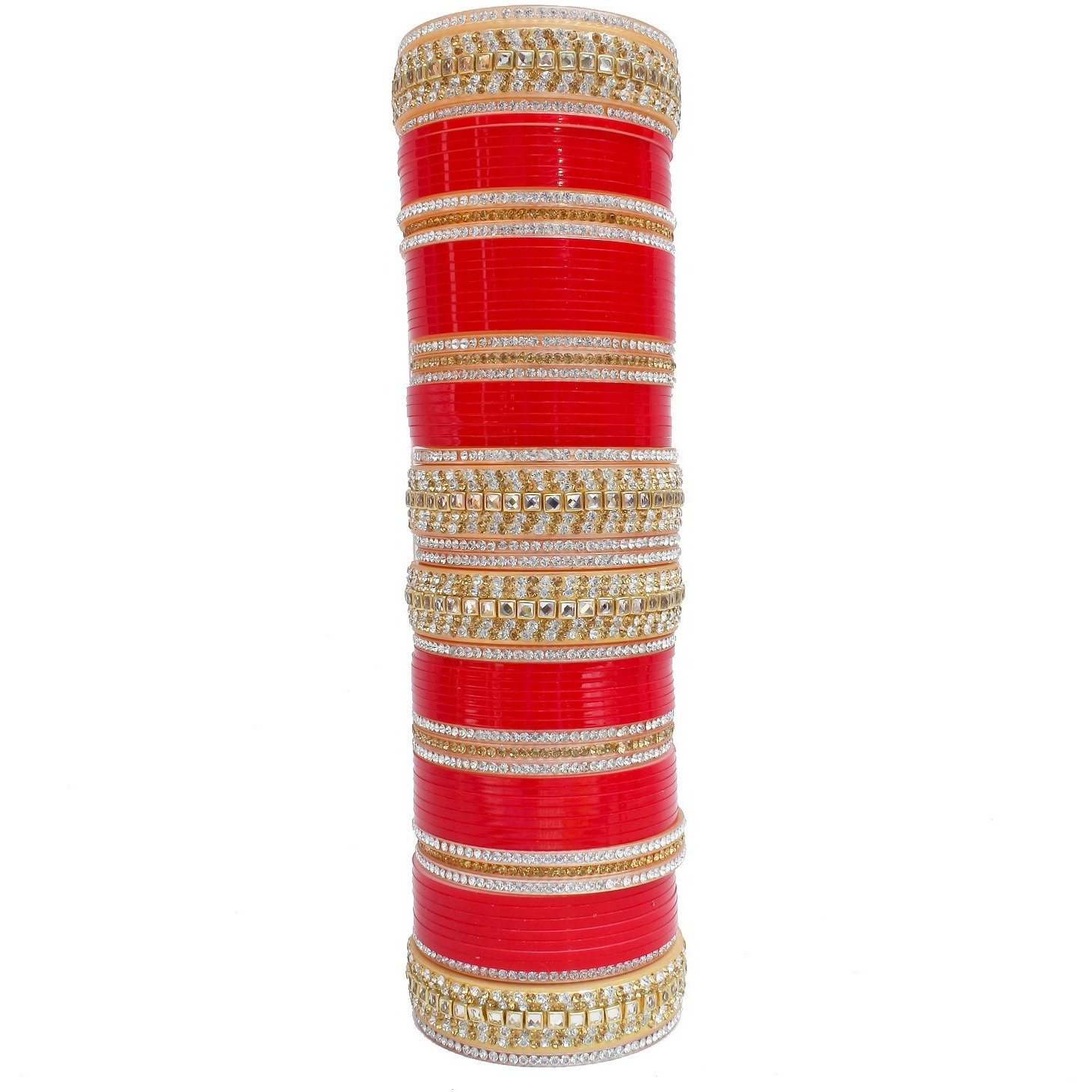 Lucky Jewellery Bridal Bangle Set Designer Golden White & Red Stone Chuda, Wedding punjabi Choora Fashion Chura Set for Women (957-G1C1-JM311-R24)