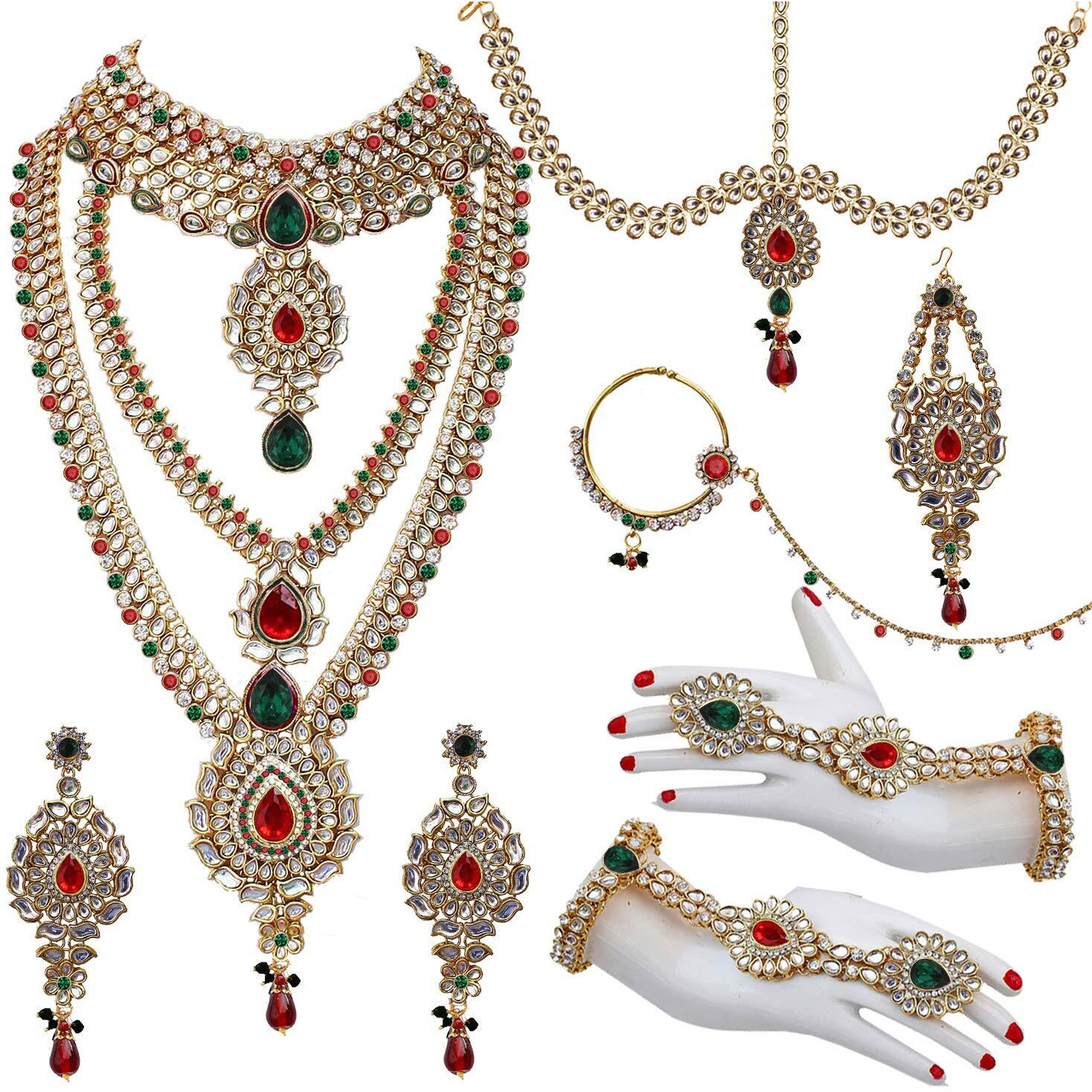 Lucky Jewellery Red Green Alloy Kundan & Cz Stone 8Pc Bridal Jewellery Set For Women (3600-WZK-RED-G)
