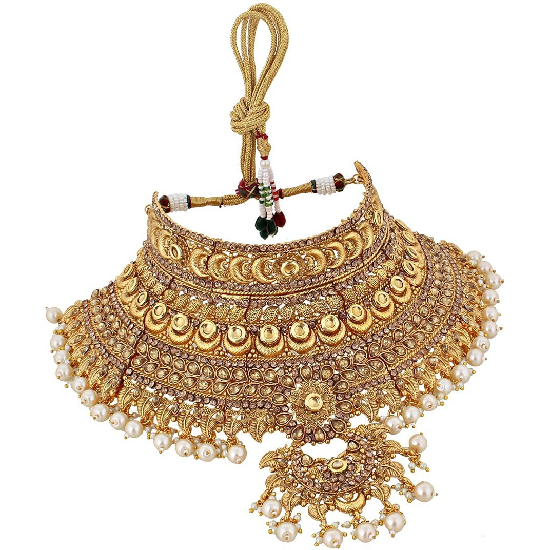 Lucky Jewellery Ethnic Copper Finish Bridal Alloy Gold Plated Golden Color Pearl Dulhan Shadi Jewellery Set 7 pcs. for Girls & Women (3630-G2ZR-175SM-LCT)