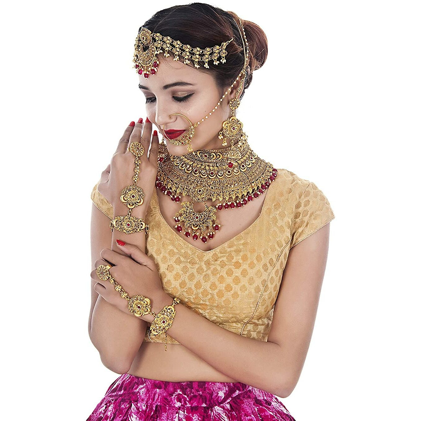 Lucky Jewellery Ethnic Copper Finish Bridal Alloy Gold Plated Magenta Color Pearl Dulhan Shadi Jewellery Set 7 pcs. for Girls & Women (3630-G2ZR-175SM-LCT-R)