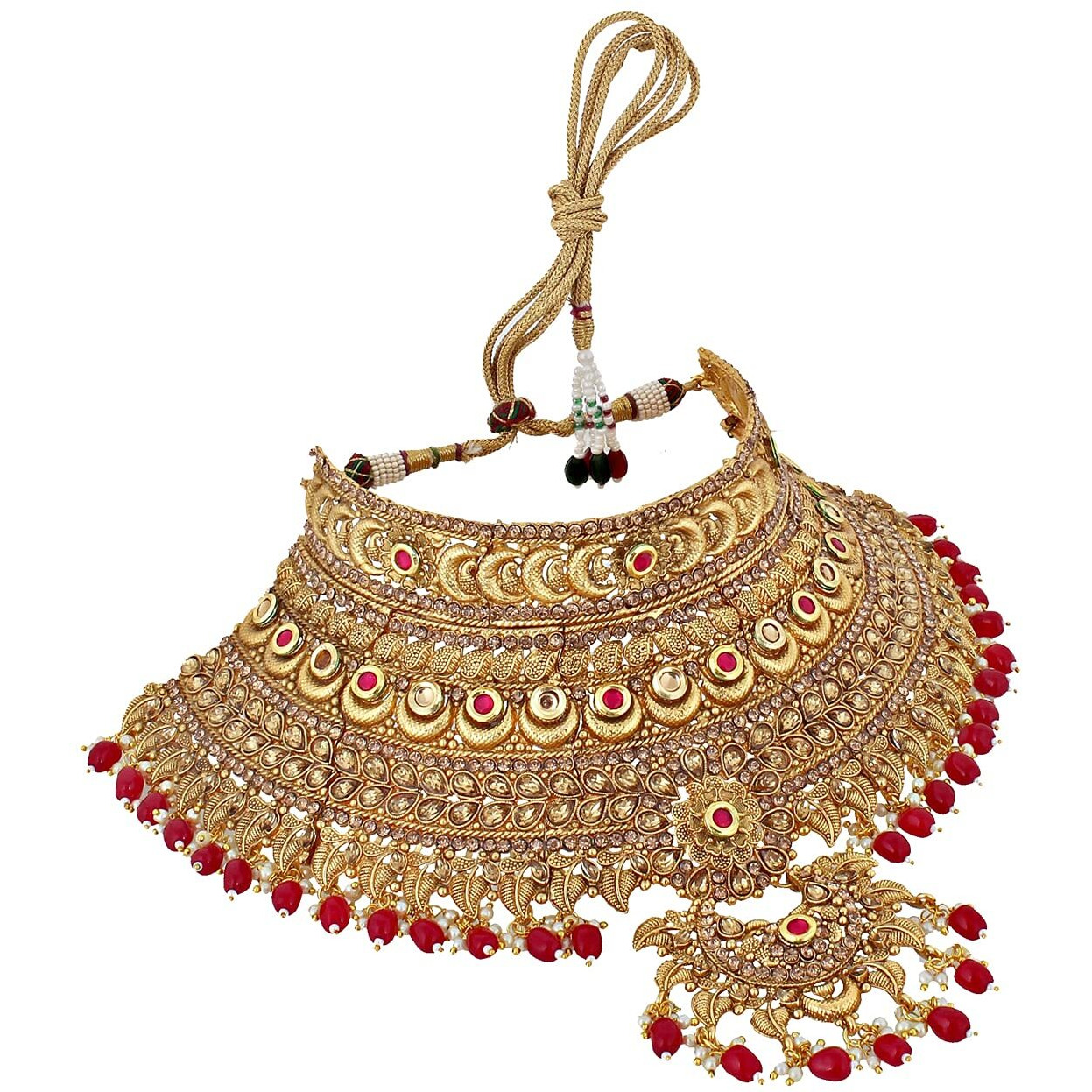 Lucky Jewellery Ethnic Copper Finish Bridal Alloy Gold Plated Magenta Color Pearl Dulhan Shadi Jewellery Set 7 pcs. for Girls & Women (3630-G2ZR-175SM-LCT-R)