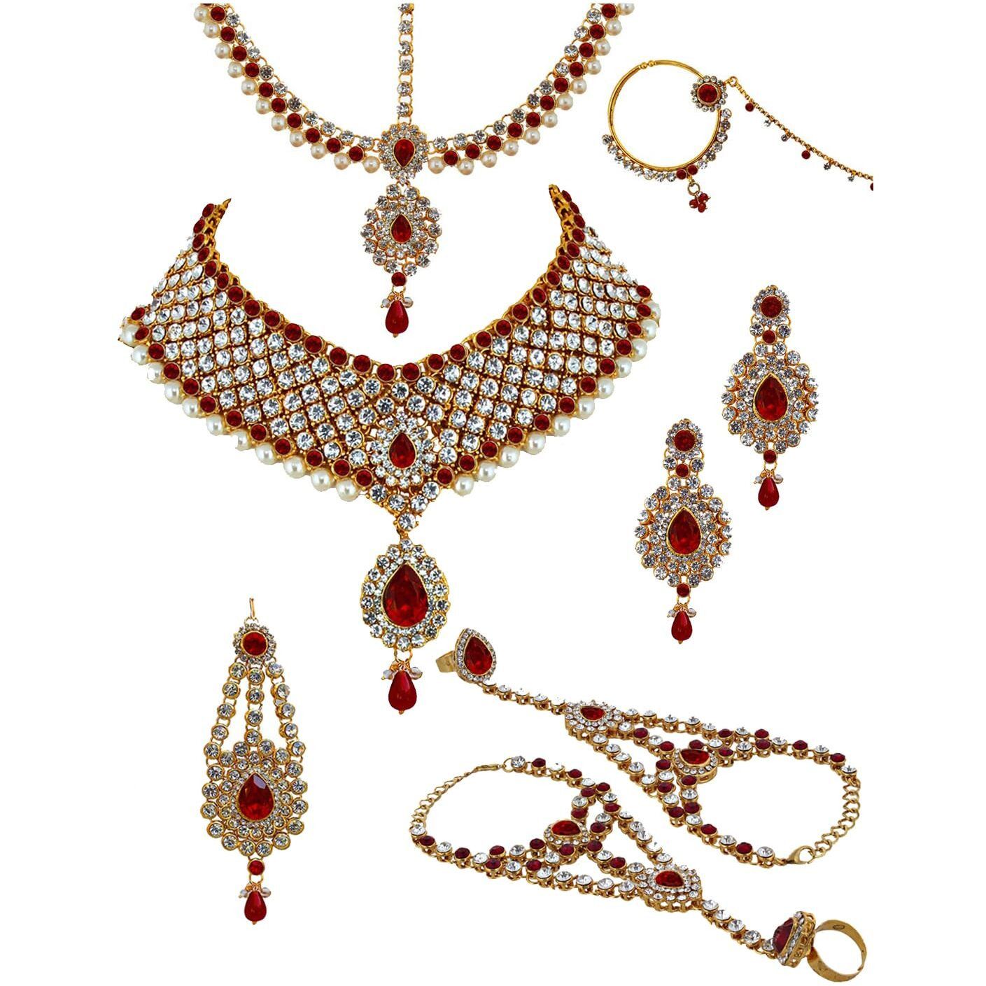 Lucky Jewellery Bridal Dulhan Designer 18k Gold Plated Red Color Pearl Stone Set 8 pcs. for Women & Girls (3630-IZS-1611SM-RED)
