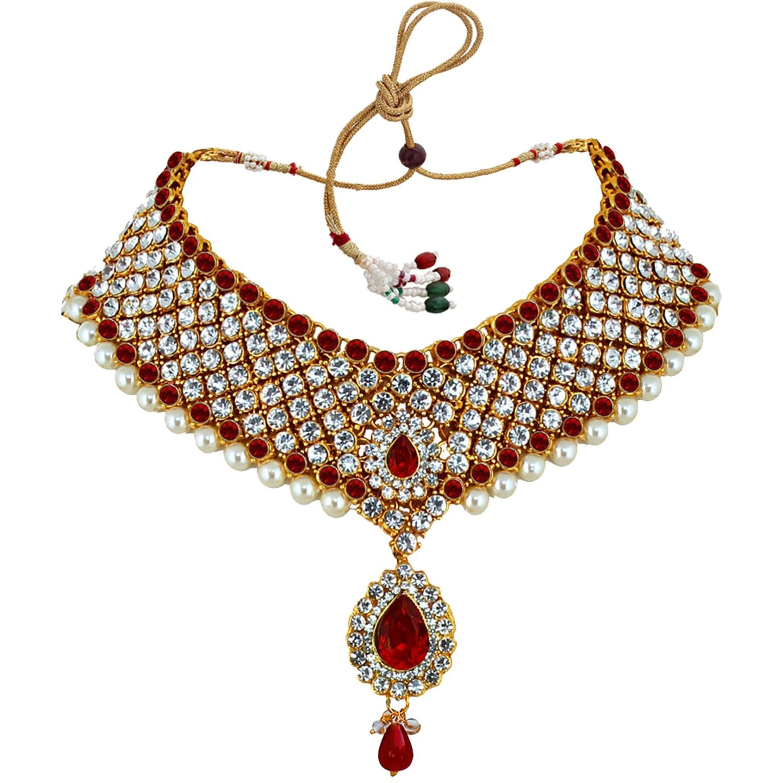 Lucky Jewellery Bridal Dulhan Designer 18k Gold Plated Red Color Pearl Stone Set 8 pcs. for Women & Girls (3630-IZS-1611SM-RED)