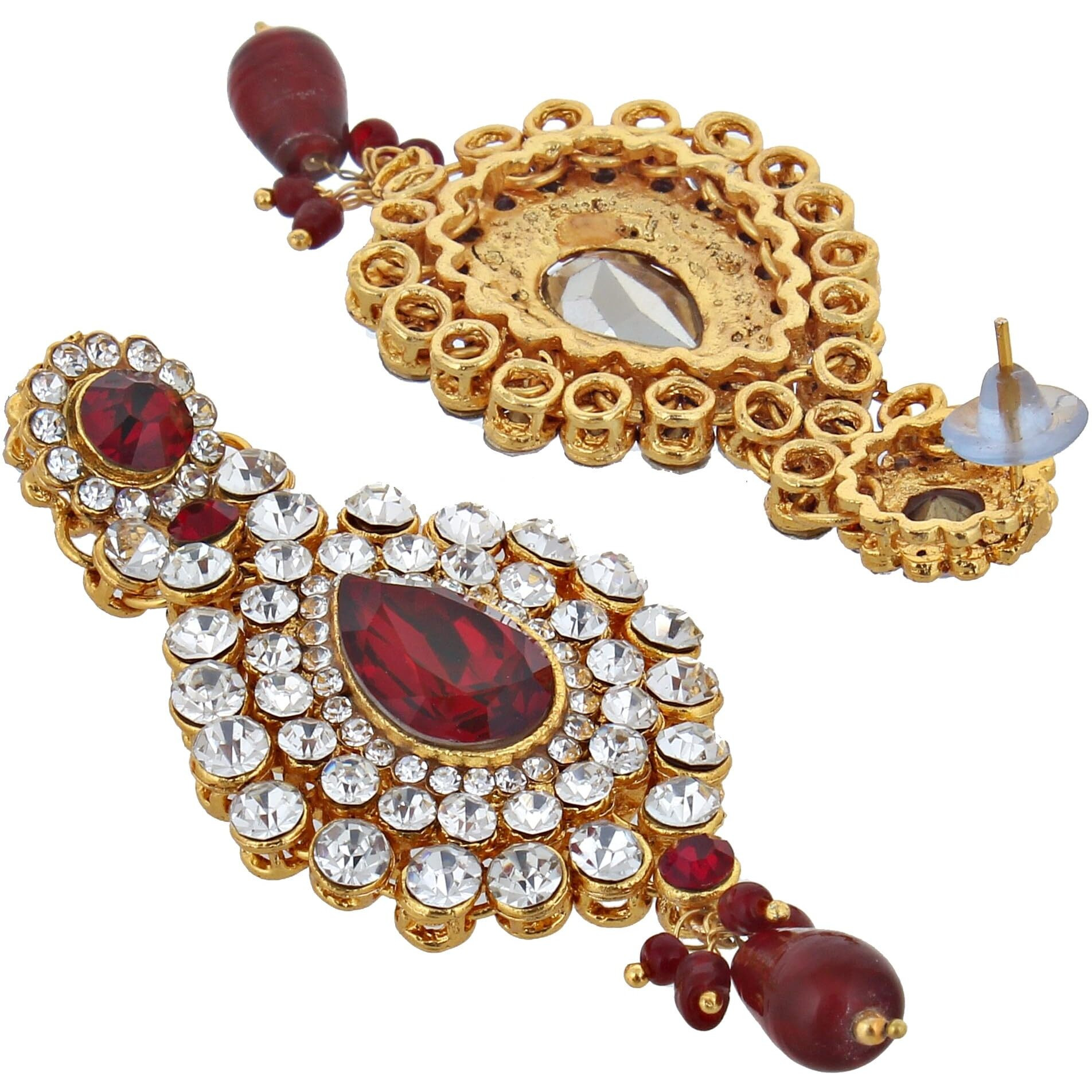 Lucky Jewellery Bridal Dulhan Designer 18k Gold Plated Red Color Pearl Stone Set 8 pcs. for Women & Girls (3630-IZS-1611SM-RED)