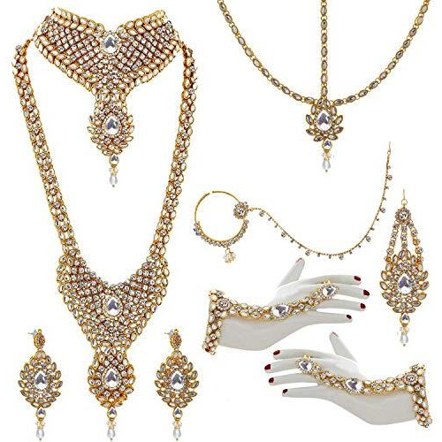 Lucky Jewellery Traditional Gold Plated Kundan Bridal Set for Girl & Women 9 Pcs. (3894-IZS-1002-W)
