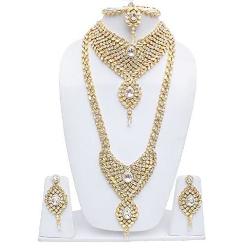 Lucky Jewellery Traditional Gold Plated Kundan Bridal Set for Girl & Women 9 Pcs. (3894-IZS-1002-W)