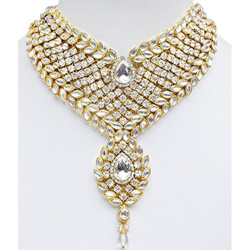 Lucky Jewellery Traditional Gold Plated Kundan Bridal Set for Girl & Women 9 Pcs. (3894-IZS-1002-W)