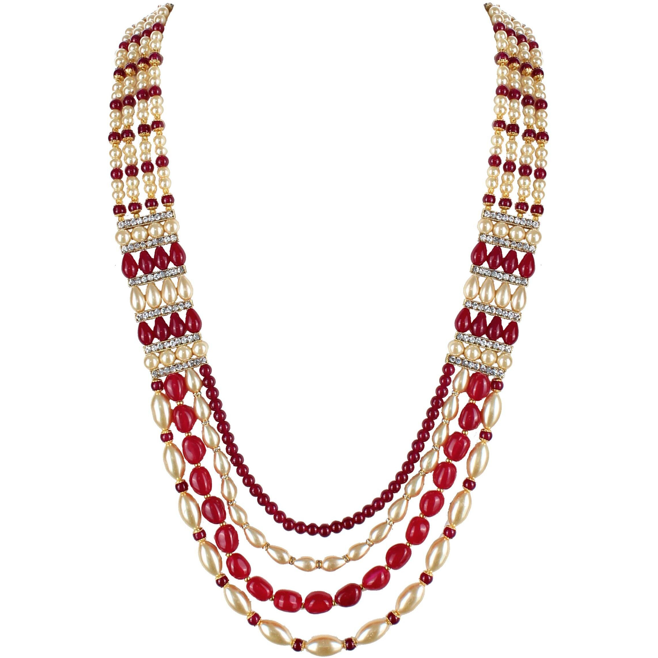 Lucky Jewellery Designer Wedding Multi Strand Gold Maroon Color Dulha Har Layered Pearl Maharaja Haar Groom Necklace Set for Men (1241-M6DM-1018-LCT-M)
