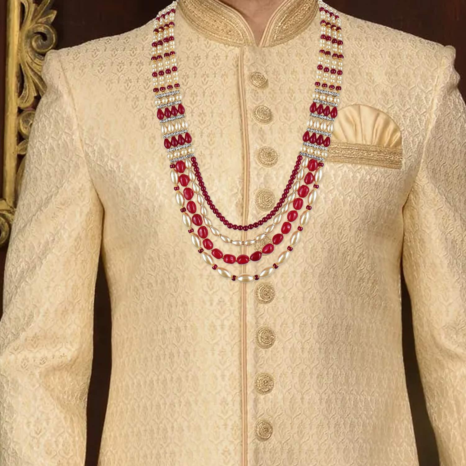 Lucky Jewellery Designer Wedding Multi Strand Gold Maroon Color Dulha Har Layered Pearl Maharaja Haar Groom Necklace Set for Men (1241-M6DM-1018-LCT-M)