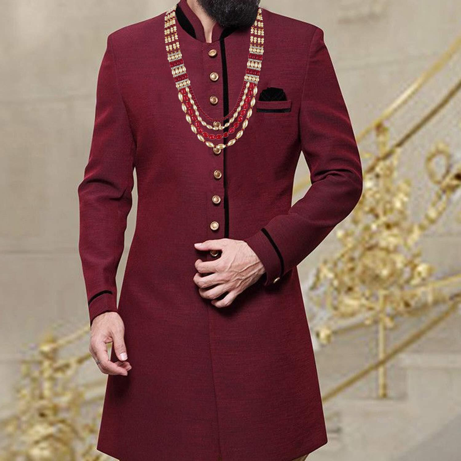 Lucky Jewellery Designer Wedding Multi Strand Gold Maroon Color Dulha Har Layered Pearl Maharaja Haar Groom Necklace Set for Men (1241-M6DM-1018-LCT-M)