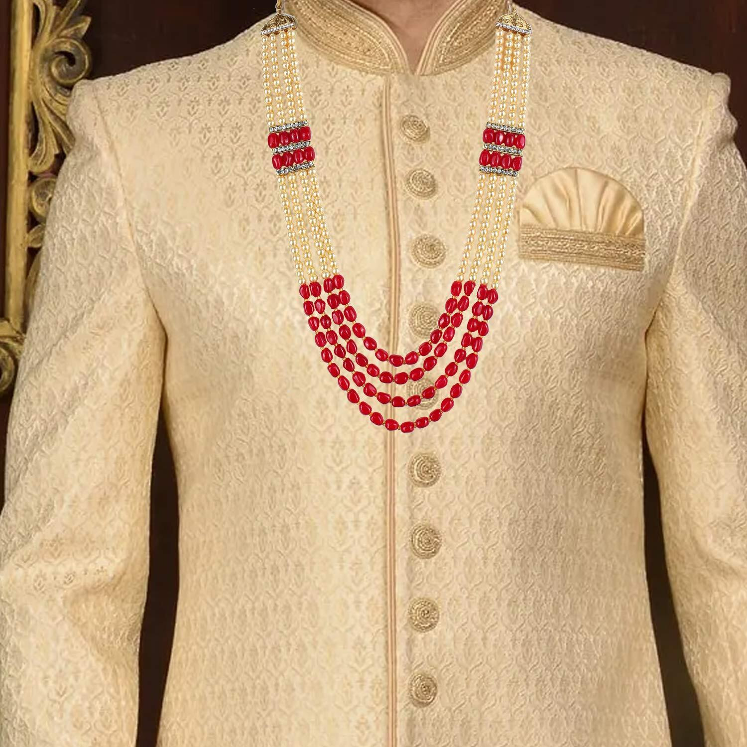 Lucky Jewellery Designer Wedding Multi Strand Gold Red Color Dulha Har Layered Pearl Maharaja Haar Groom Necklace Set for Men (753-M6DM-1008-LCT-RED)