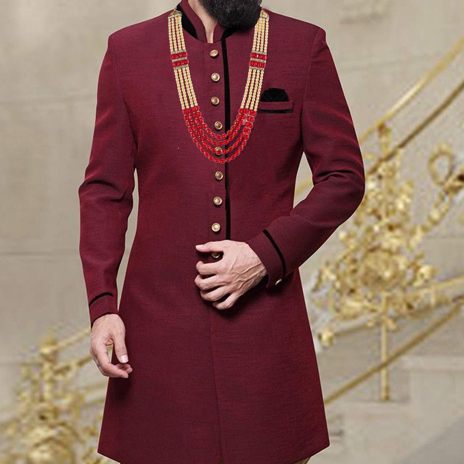 Lucky Jewellery Designer Wedding Multi Strand Gold Red Color Dulha Har Layered Pearl Maharaja Haar Groom Necklace Set for Men (753-M6DM-1008-LCT-RED)