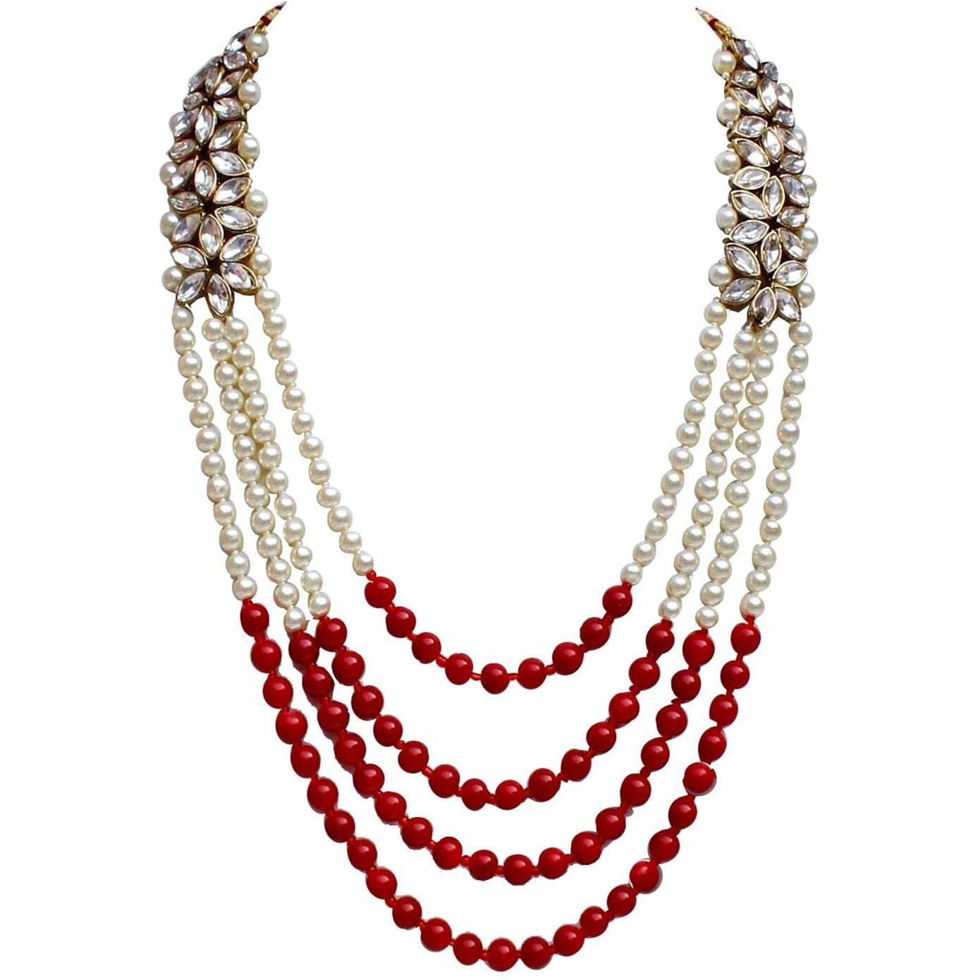 Lucky Jewellery Designer Maroon Color Sherwani Har Four Line Pearl Moti Maharaja Mala Haar with Stone Dulha Maala Necklace Groom for Men (396-ISM-895-M)