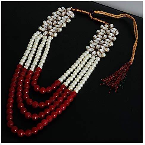 Lucky Jewellery Designer Maroon Color Sherwani Har Four Line Pearl Moti Maharaja Mala Haar with Stone Dulha Maala Necklace Groom for Men (396-ISM-895-M)