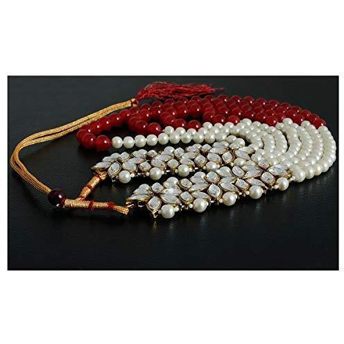 Lucky Jewellery Designer Maroon Color Sherwani Har Four Line Pearl Moti Maharaja Mala Haar with Stone Dulha Maala Necklace Groom for Men (396-ISM-895-M)