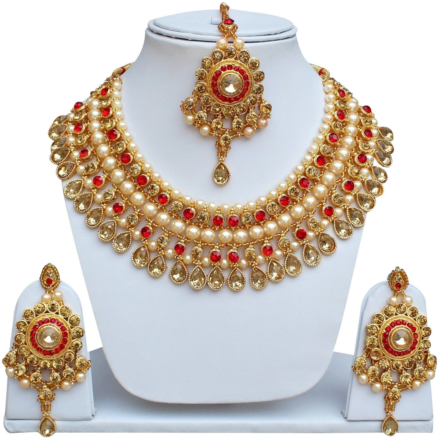 Lucky Jewellery Designer Golden Red Color Gold Plated Pearl and Stone Necklace Set for Girls & Women (727-ISS-819-G-LCT-RED)