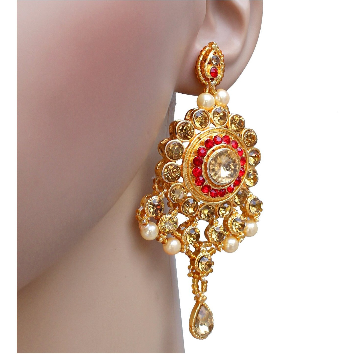 Lucky Jewellery Designer Golden Red Color Gold Plated Pearl and Stone Necklace Set for Girls & Women (727-ISS-819-G-LCT-RED)