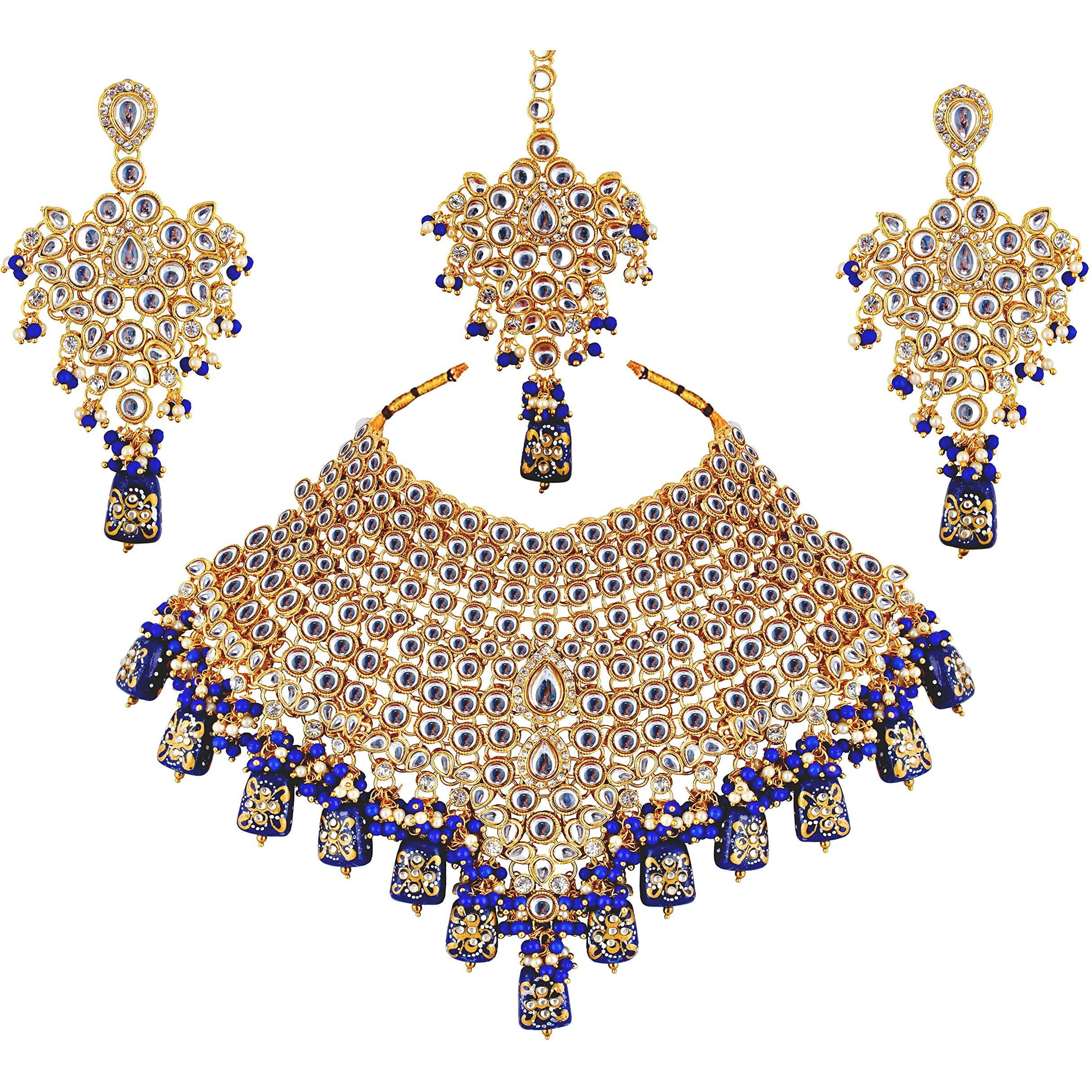 Lucky Jewellery Blue Bridal Dulhan Wedding & Engagement Necklace set With Mang Tikka Combo Jewellery Set Uncut Kundan Choker Necklace Set For Girls & Women