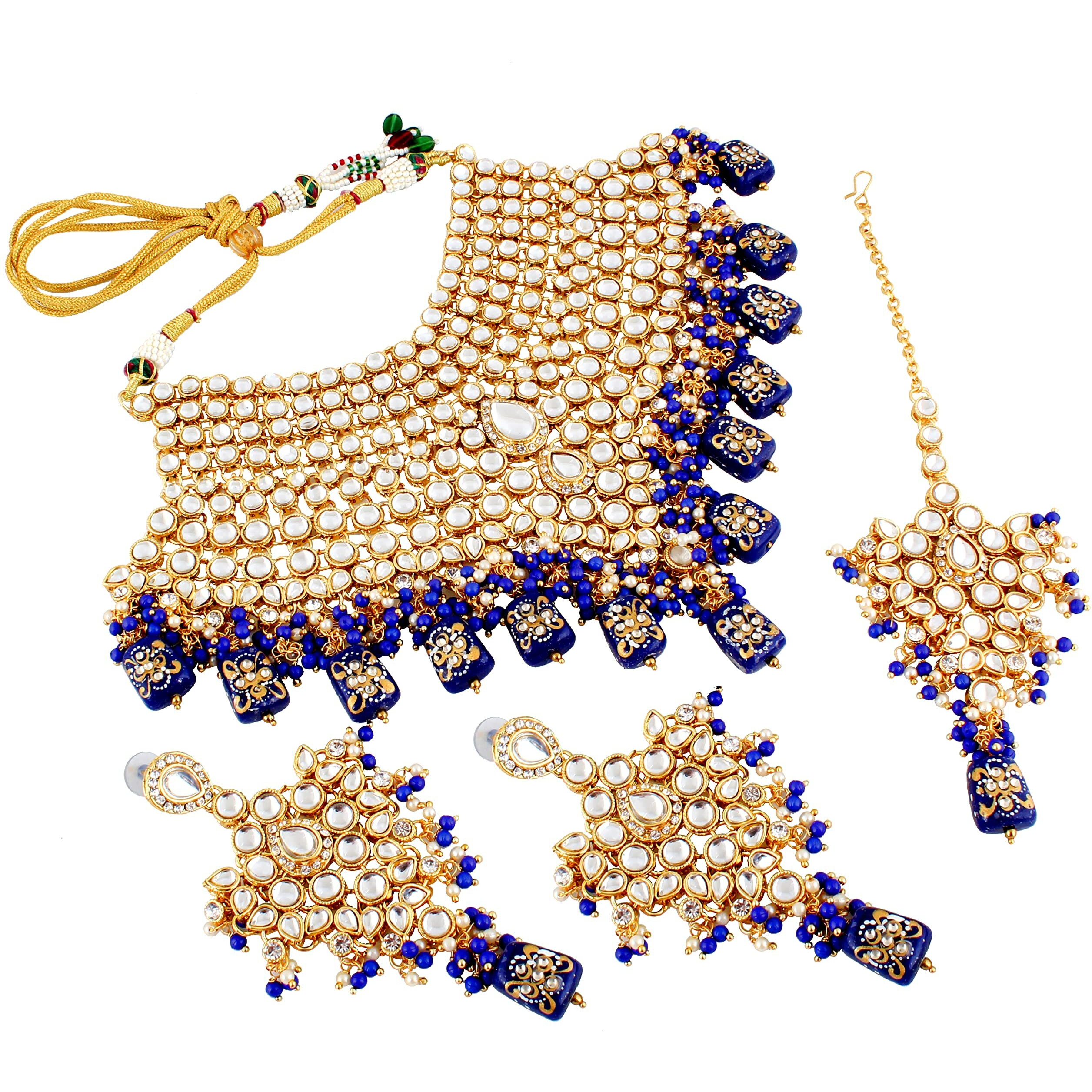 Lucky Jewellery Blue Bridal Dulhan Wedding & Engagement Necklace set With Mang Tikka Combo Jewellery Set Uncut Kundan Choker Necklace Set For Girls & Women