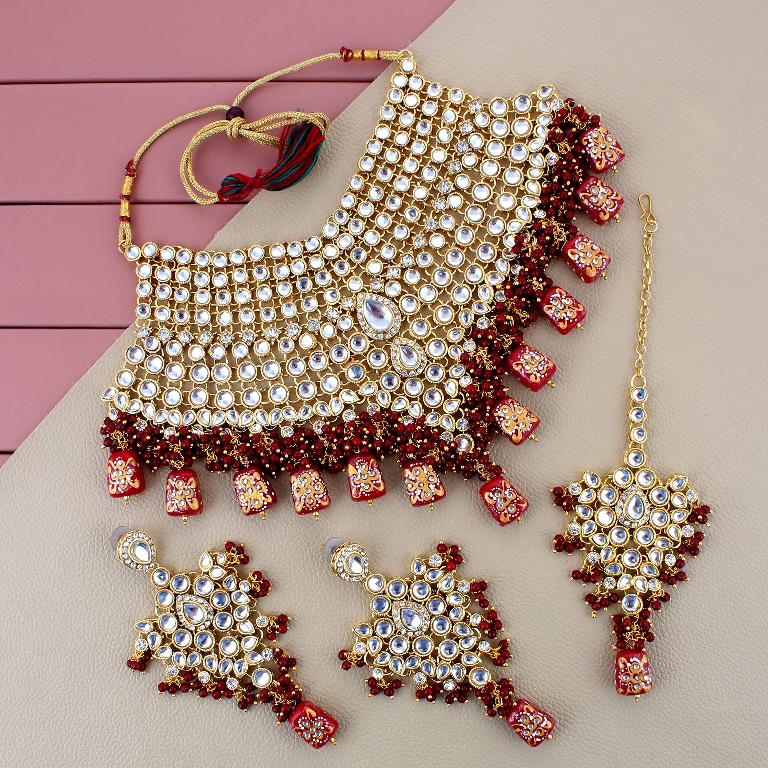 Lucky Jewellery Traditional 18k Gold Plated Designer Maroon Color Dulhan Choker Kundan Bridal Set (2380-L1SK-KD124-M)