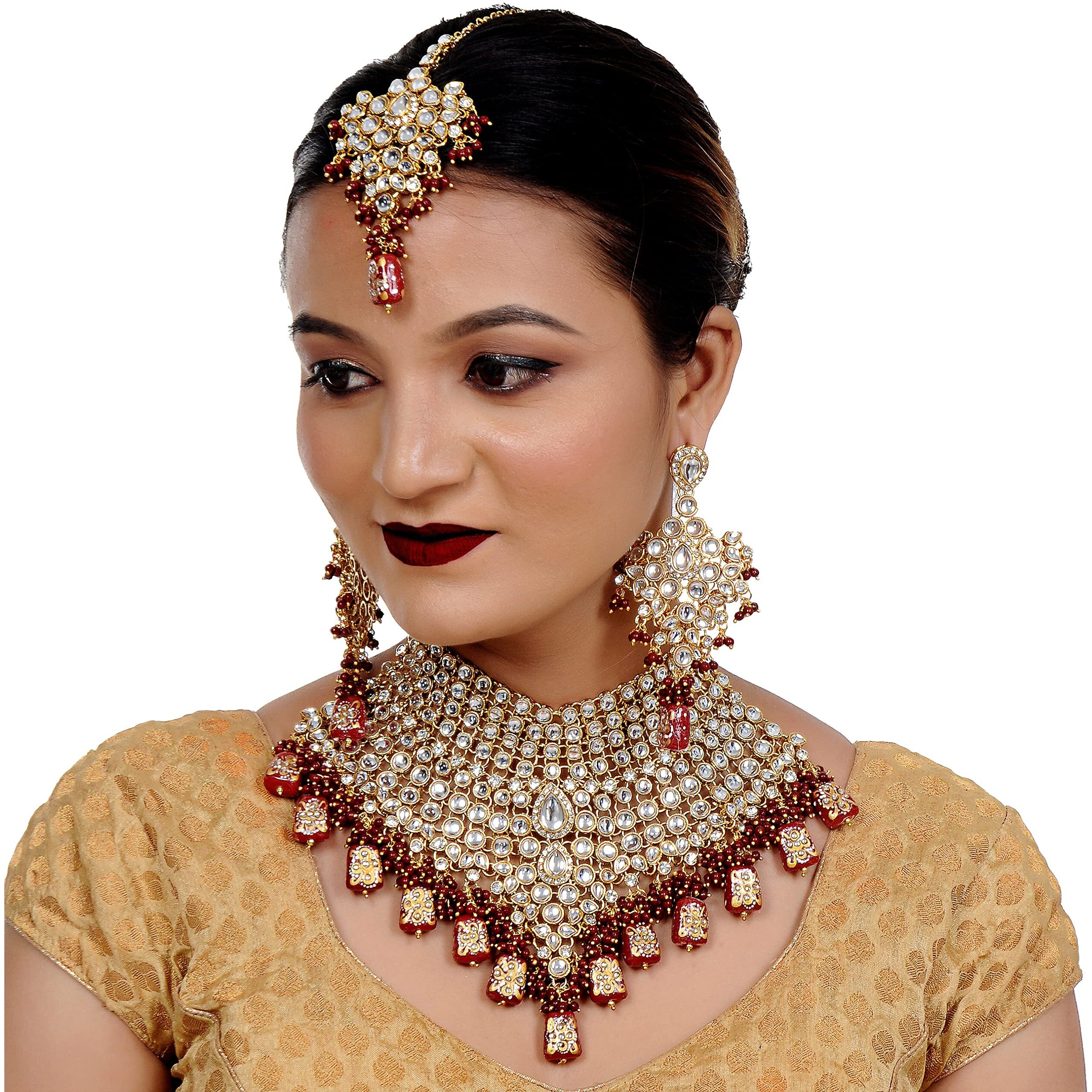 Lucky Jewellery Traditional 18k Gold Plated Designer Maroon Color Dulhan Choker Kundan Bridal Set (2380-L1SK-KD124-M)