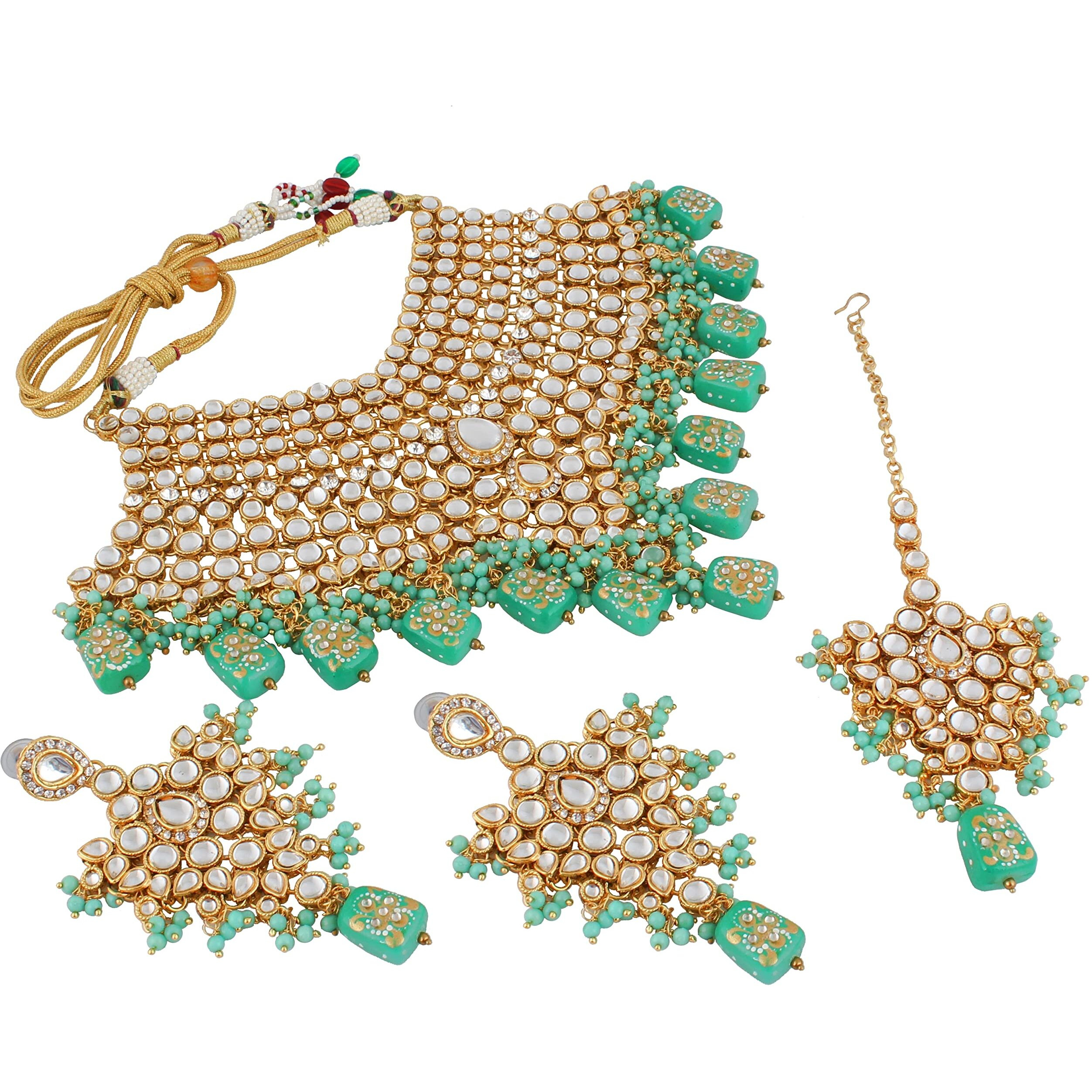 Lucky Jewellery Traditional 18k Gold Plated Designer Blue Color Dulhan Choker Kundan Bridal Set