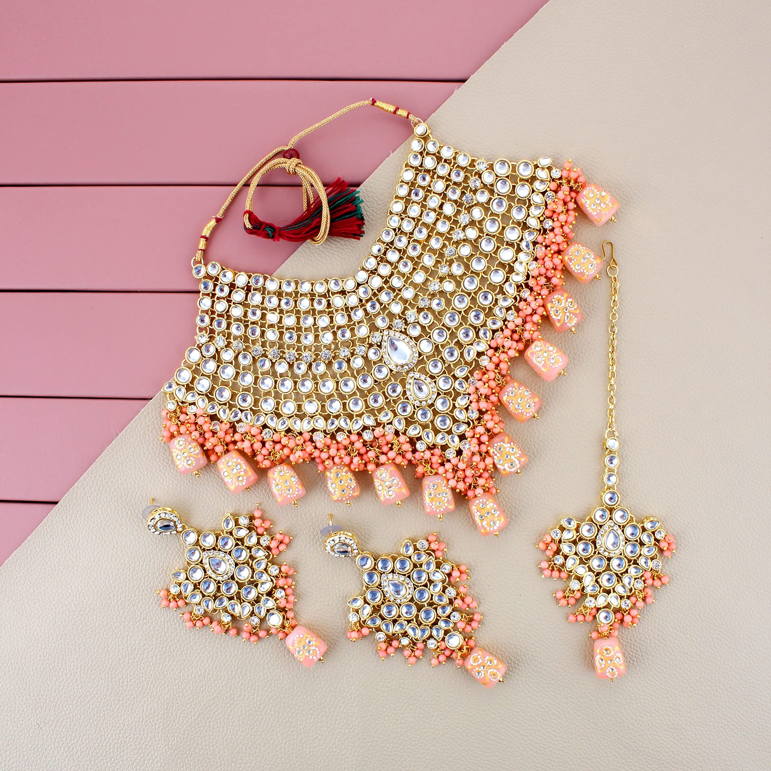 Lucky Jewellery Traditional 18k Gold Plated Designer Peach Color Dulhan Choker Kundan Bridal Set (2380-L1SK-KD124-PH)