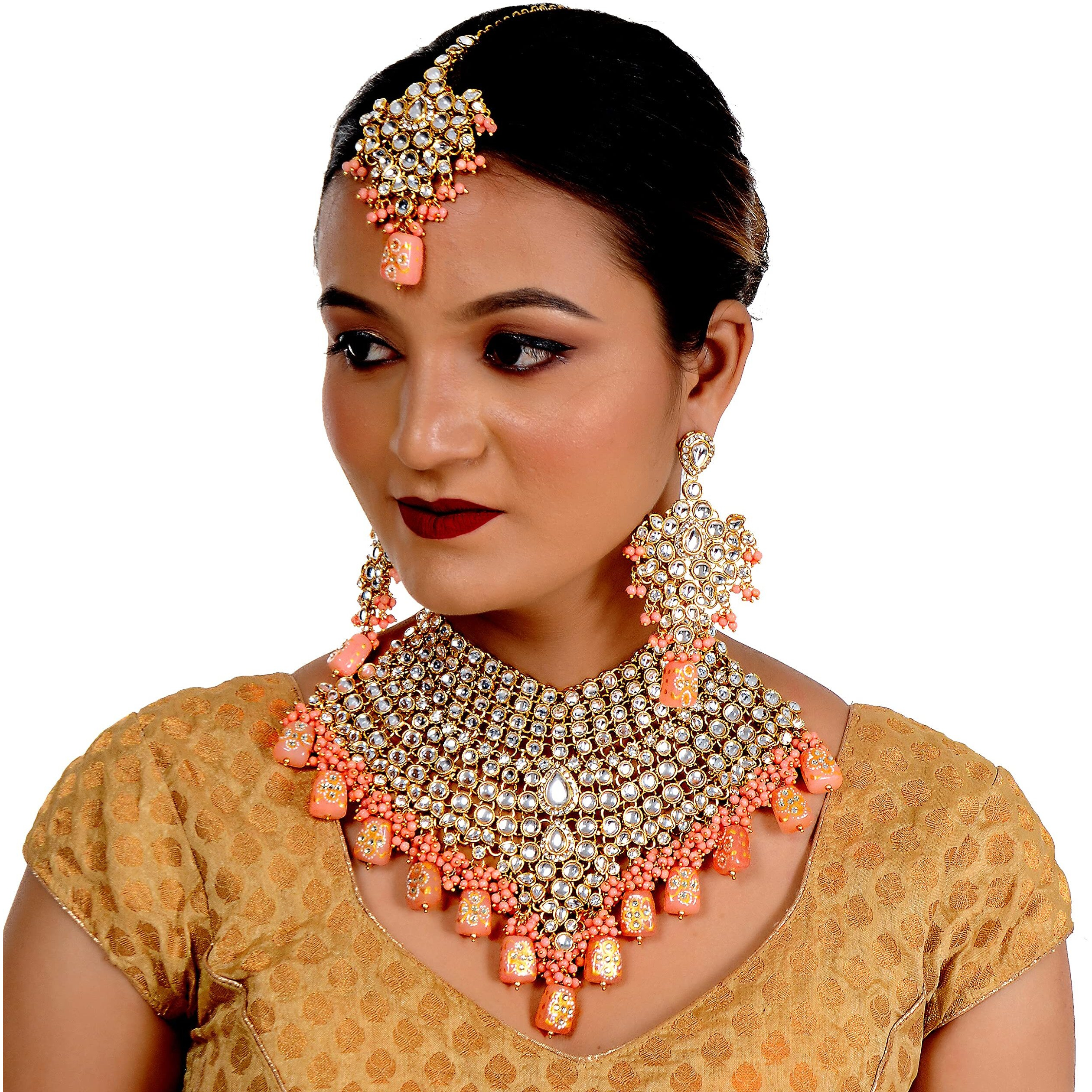 Lucky Jewellery Traditional 18k Gold Plated Designer Peach Color Dulhan Choker Kundan Bridal Set (2380-L1SK-KD124-PH)