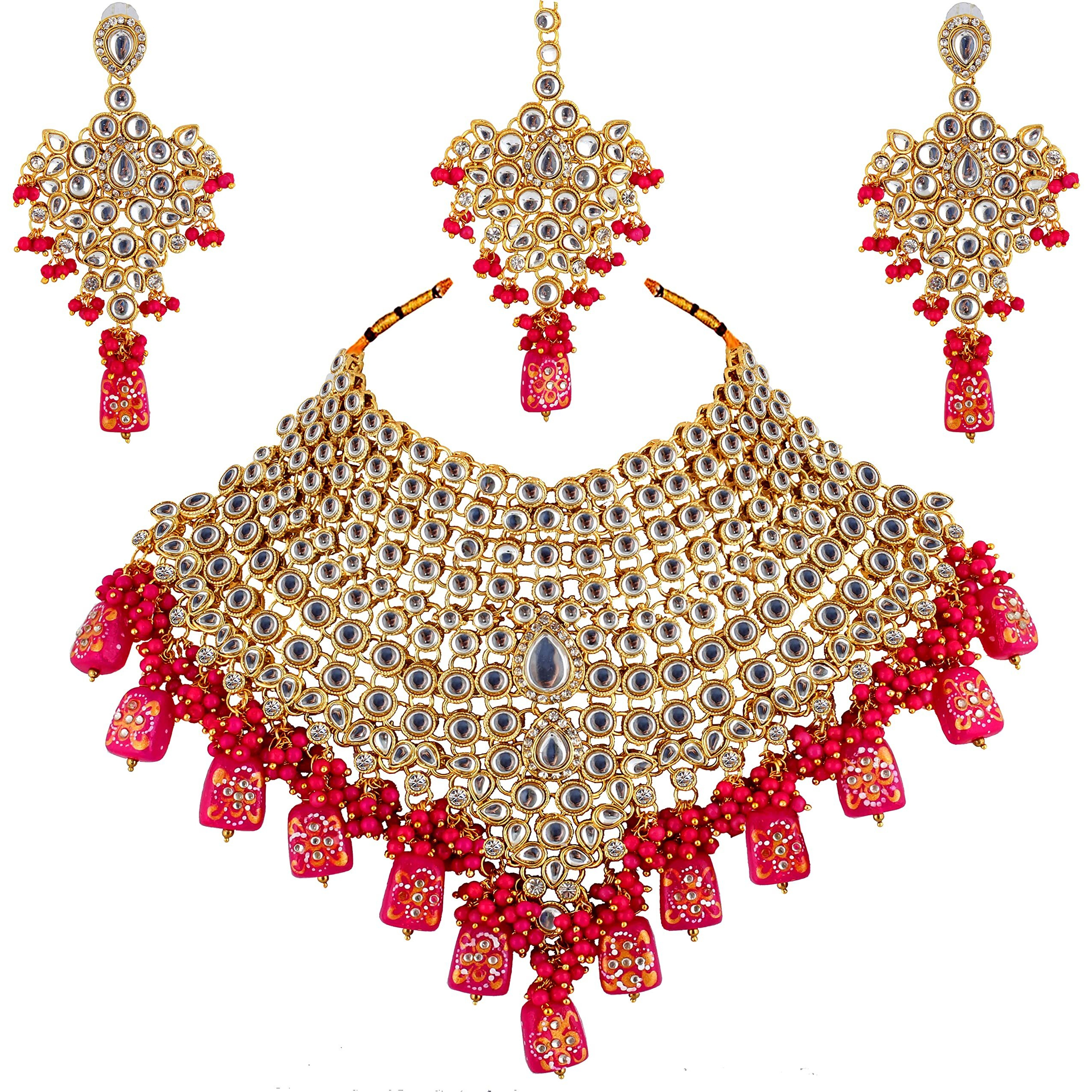 Lucky Jewellery Traditional 18k Gold Plated Designer Magenta Color Dulhan Choker Kundan Bridal Set (2380-L1SK-KD124-R)