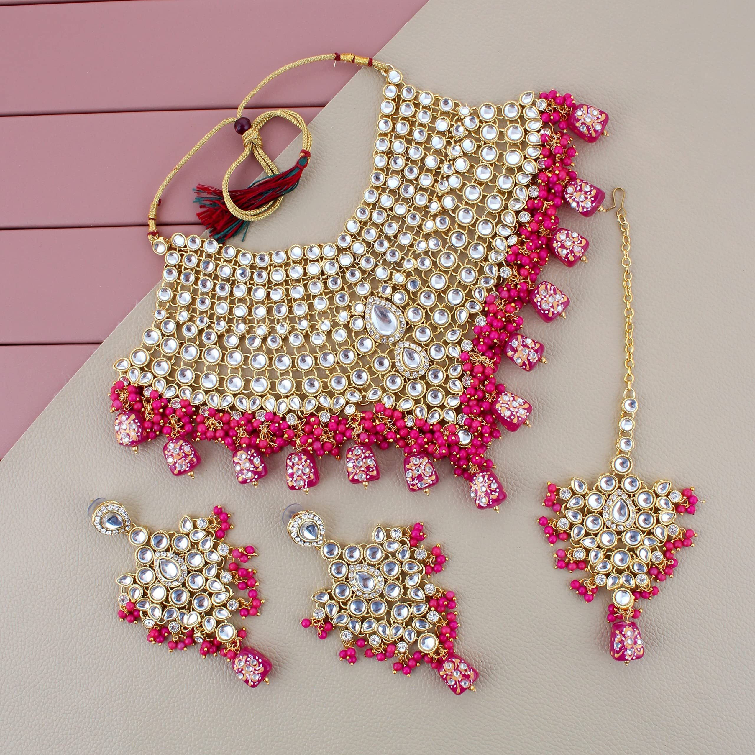 Lucky Jewellery Traditional 18k Gold Plated Designer Magenta Color Dulhan Choker Kundan Bridal Set (2380-L1SK-KD124-R)
