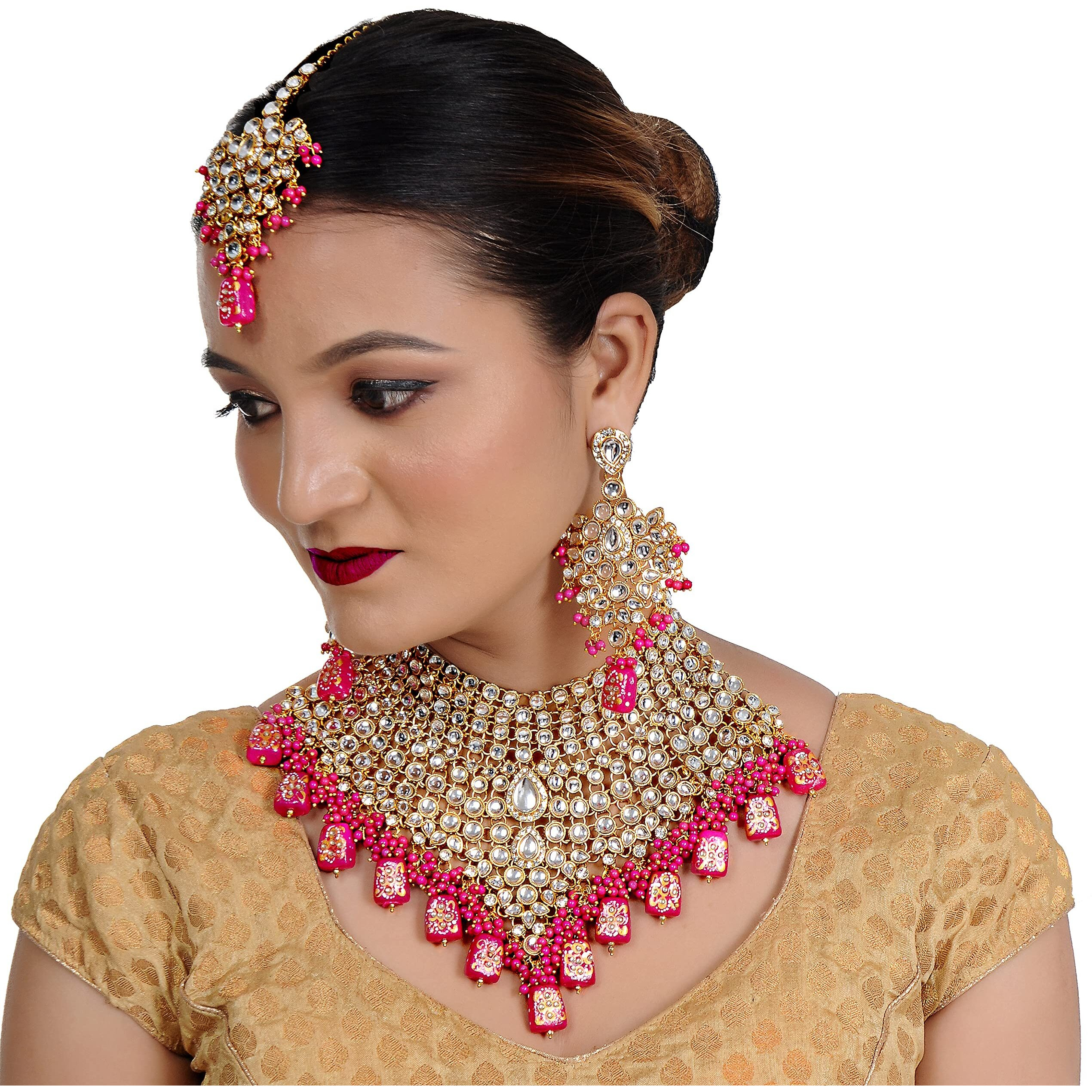 Lucky Jewellery Traditional 18k Gold Plated Designer Magenta Color Dulhan Choker Kundan Bridal Set (2380-L1SK-KD124-R)