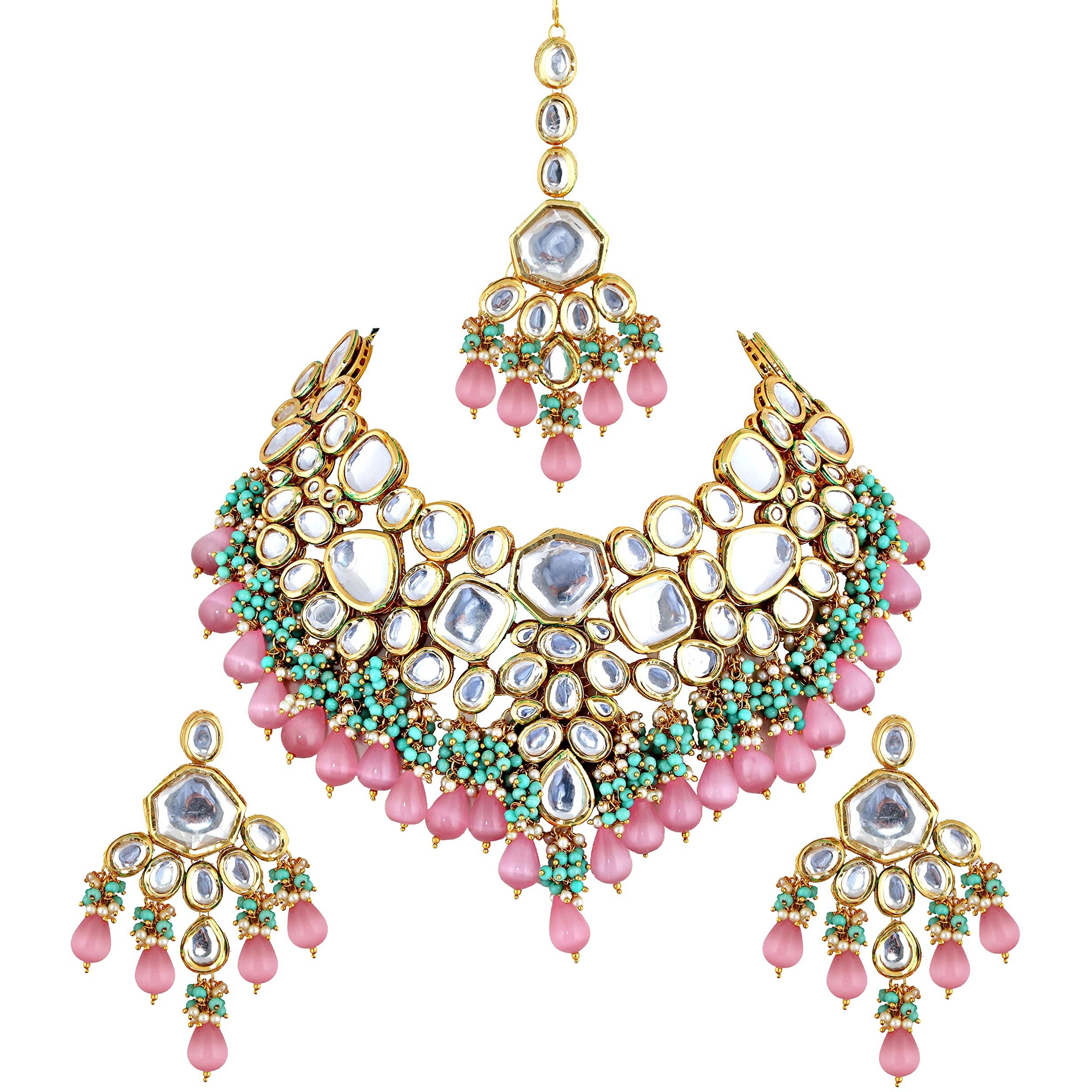 Lucky Jewellery Meenakari 18K Gold plated Multi color Uncut dibbi Kundan Combo Necklace Set