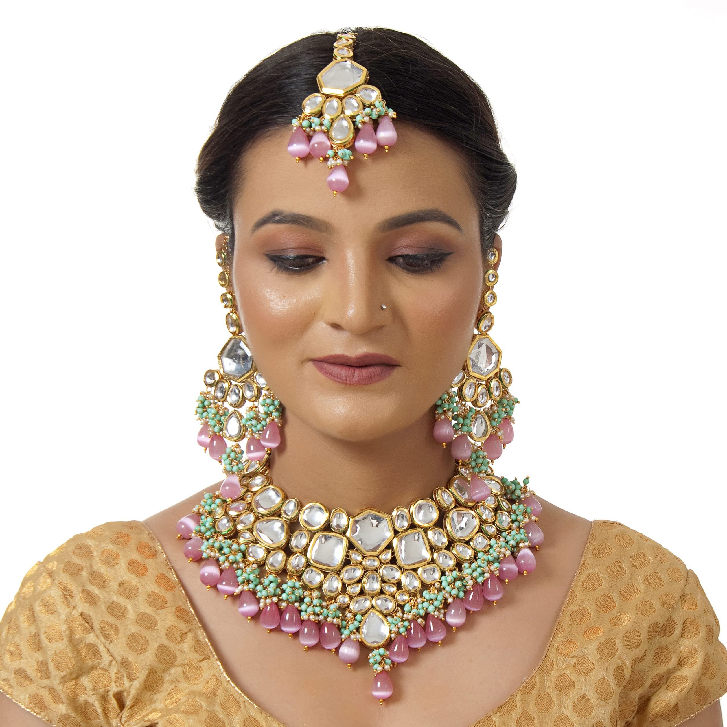 Lucky Jewellery Meenakari 18K Gold plated Multi color Uncut dibbi Kundan Combo Necklace Set