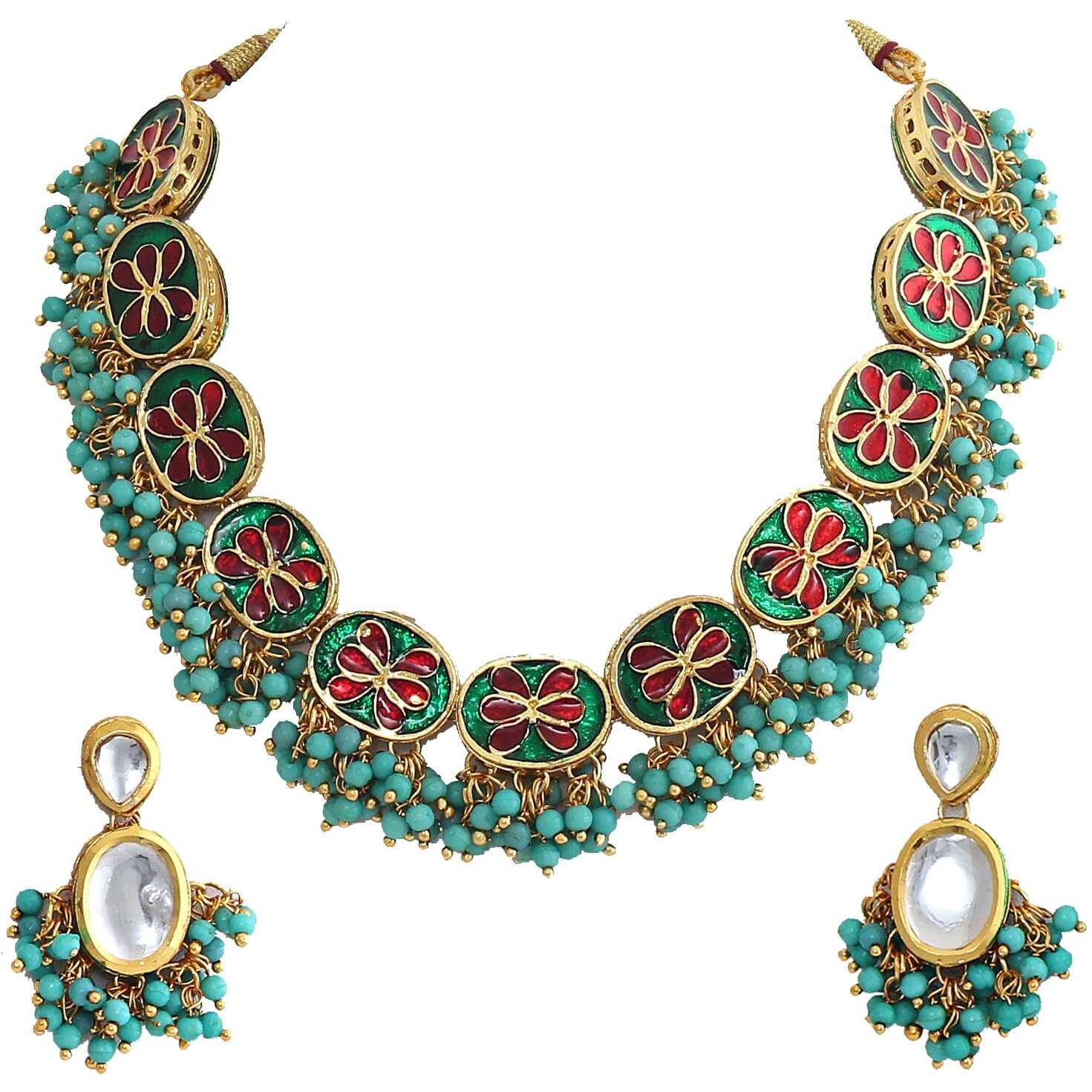Lucky Jewellery 18K Gold Plated Firozi Color Kundan Stone/Uncut Kundan/Dibbi Kundan/Meena Kundan/Lucknow Kundan Necklace Set for Girls & Women (1000-J5SK-1607-F)