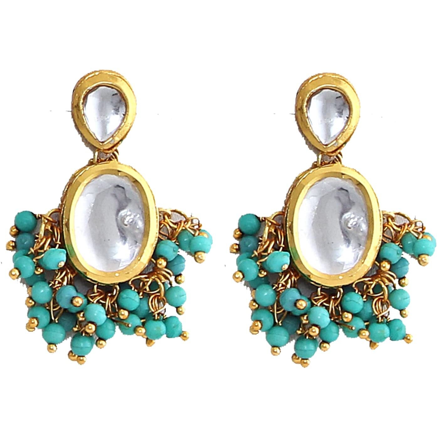 Lucky Jewellery 18K Gold Plated Firozi Color Kundan Stone/Uncut Kundan/Dibbi Kundan/Meena Kundan/Lucknow Kundan Necklace Set for Girls & Women (1000-J5SK-1607-F)