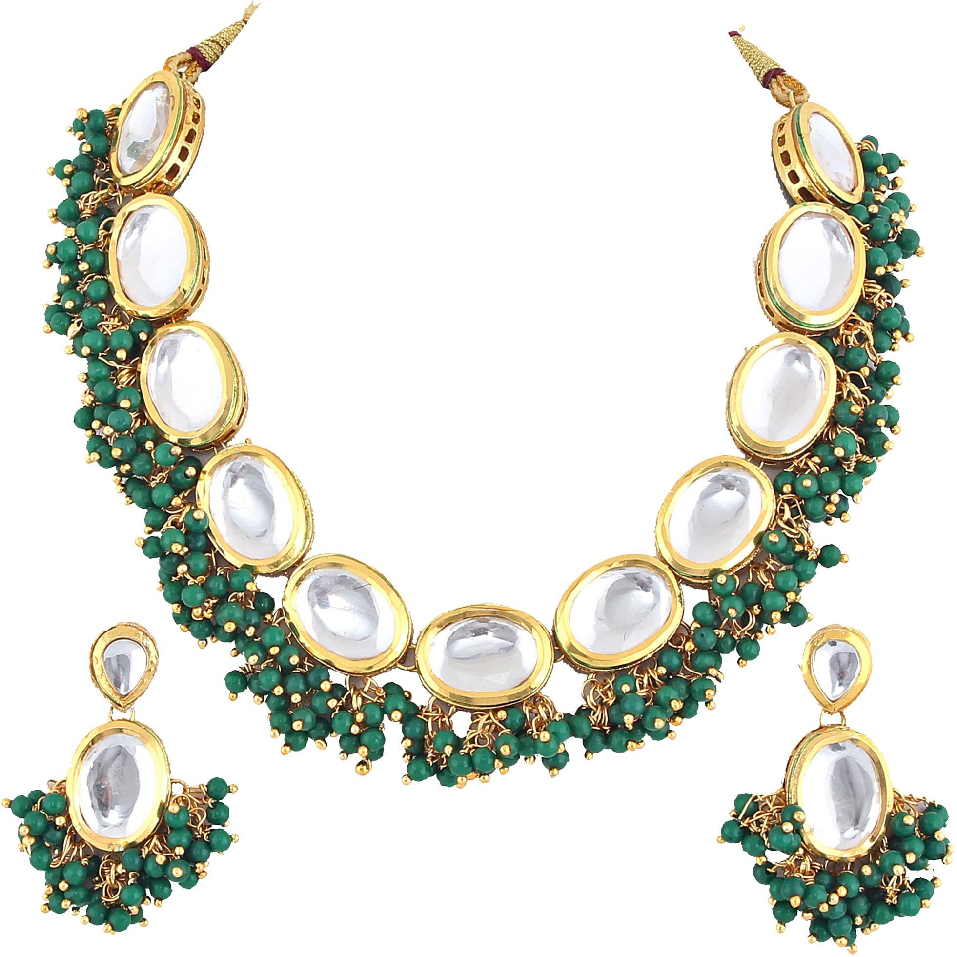 Lucky Jewellery 18K Gold Plated Green Color Kundan Stone/Uncut Kundan/Dibbi Kundan/Meena Kundan/Lucknow Kundan Necklace Set for Girls & Women (1000-J5SK-1607-G)