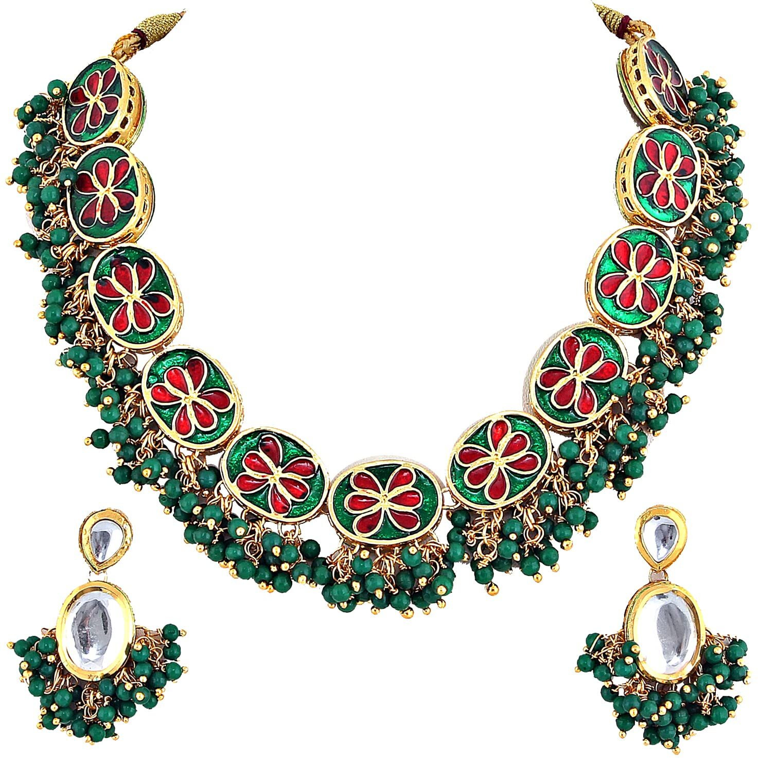 Lucky Jewellery 18K Gold Plated Green Color Kundan Stone/Uncut Kundan/Dibbi Kundan/Meena Kundan/Lucknow Kundan Necklace Set for Girls & Women (1000-J5SK-1607-G)
