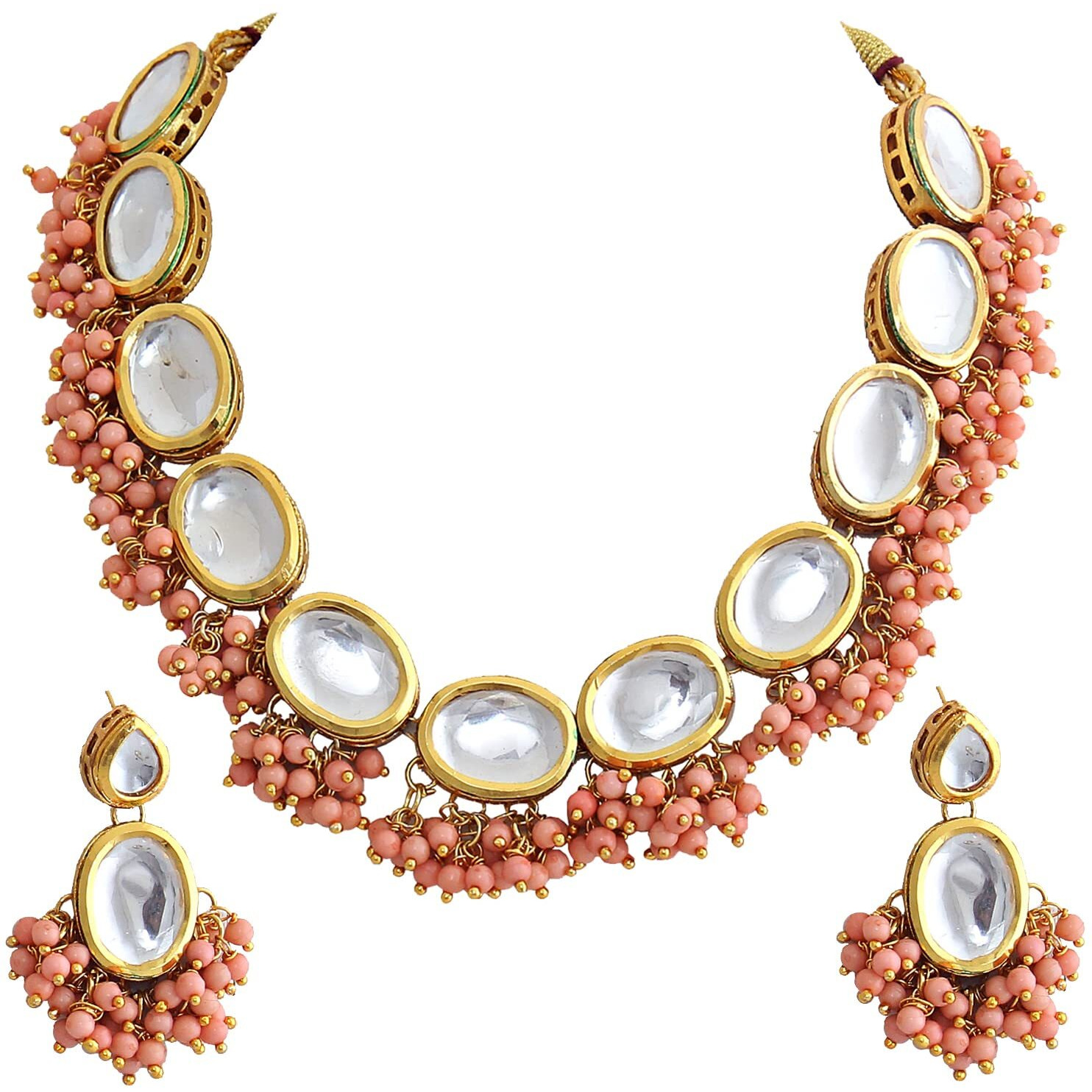 Lucky Jewellery 18K Gold Plated Peach Color Kundan Stone/Uncut Kundan/Dibbi Kundan/Meena Kundan/Lucknow Kundan Necklace Set for Girls & Women (1000-J5SK-1607-PH)