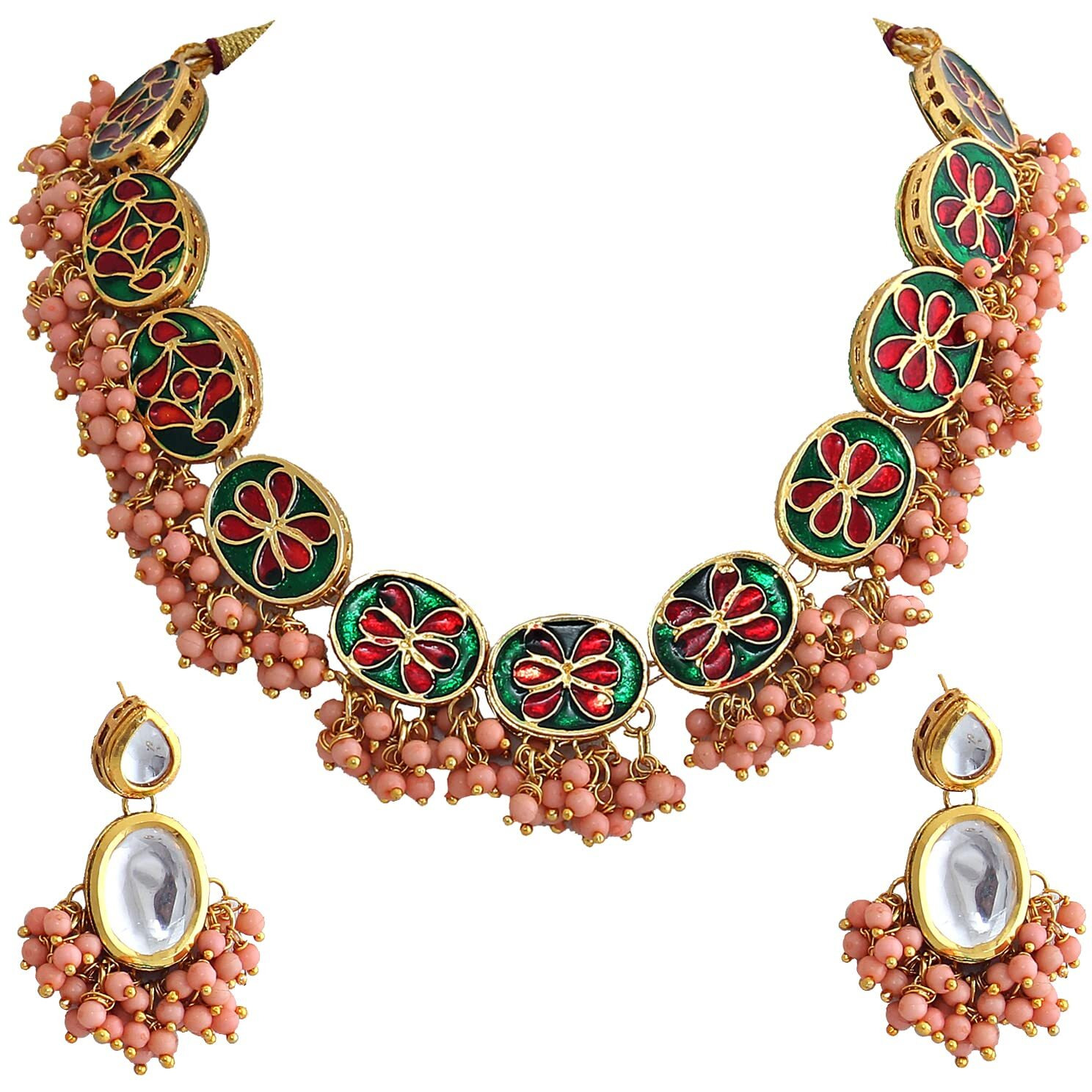 Lucky Jewellery 18K Gold Plated Peach Color Kundan Stone/Uncut Kundan/Dibbi Kundan/Meena Kundan/Lucknow Kundan Necklace Set for Girls & Women (1000-J5SK-1607-PH)