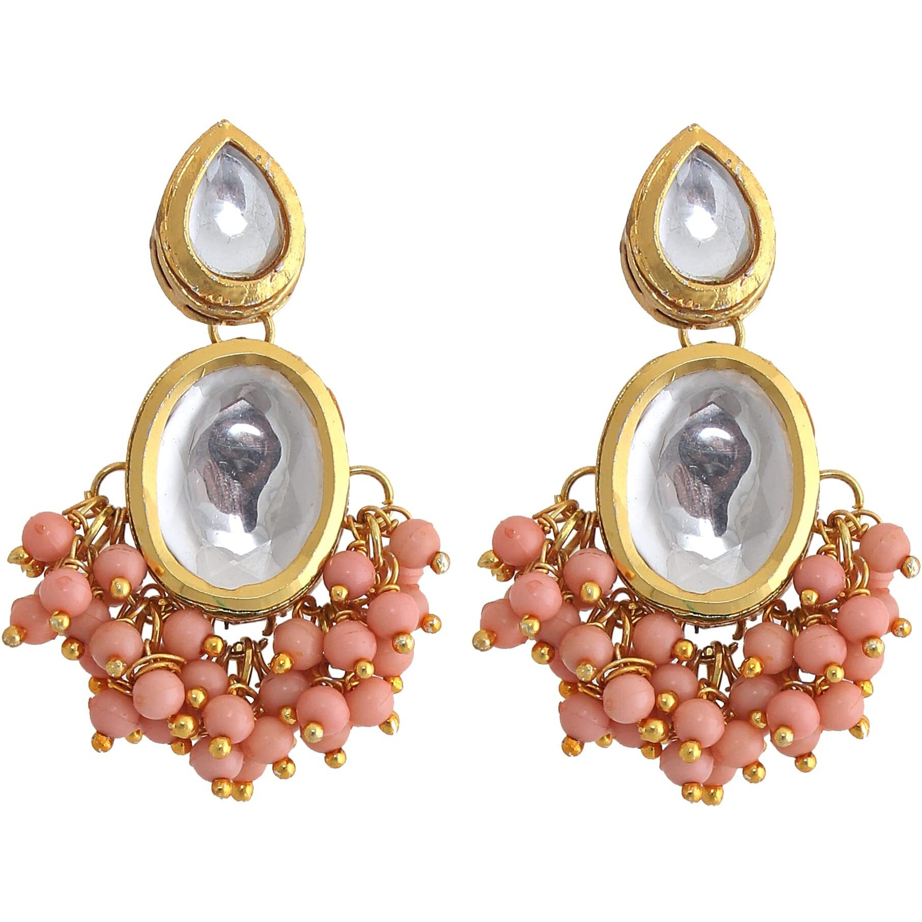 Lucky Jewellery 18K Gold Plated Peach Color Kundan Stone/Uncut Kundan/Dibbi Kundan/Meena Kundan/Lucknow Kundan Necklace Set for Girls & Women (1000-J5SK-1607-PH)