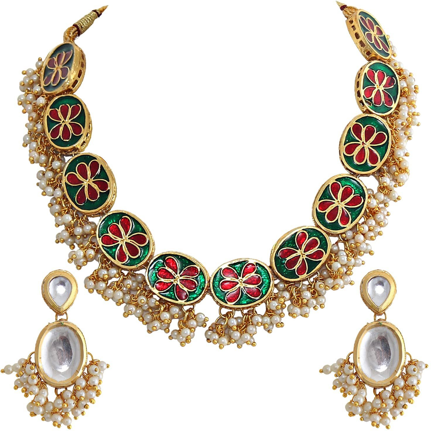 Lucky Jewellery 18K Gold Plated White Color Kundan Stone/Uncut Dibbi Meena Lucknow Kundan Necklace Set for Girls & Women (1000-J5SK-1607-W)