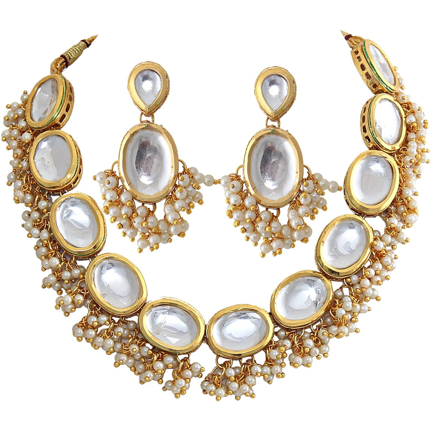 Lucky Jewellery 18K Gold Plated White Color Kundan Stone/Uncut Dibbi Meena Lucknow Kundan Necklace Set for Girls & Women (1000-J5SK-1607-W)