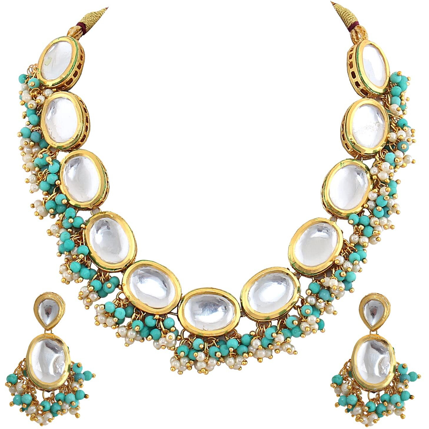 Lucky Jewellery 18K Gold Plated Multicolor Kundan Stone/Uncut Kundan/Dibbi Kundan/Meena Kundan/Lucknow Kundan Necklace Set for Girls & Women (1000-J5SK-1607-WF)